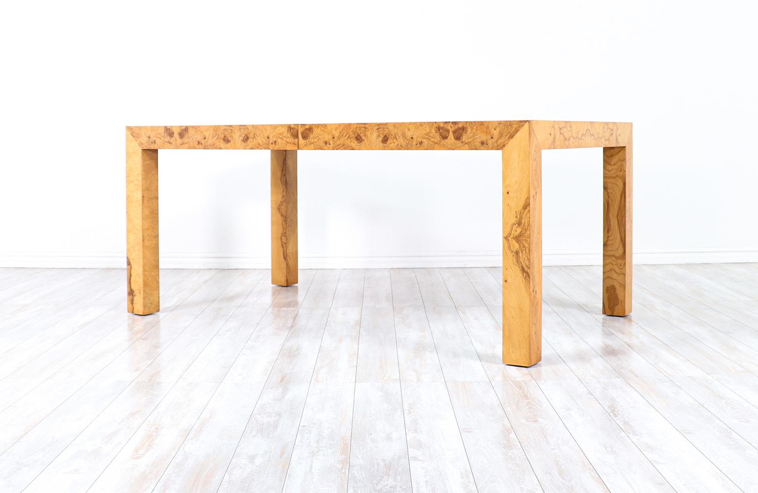 Mid-Century Modern Burl Wood Parsons Expanding Dining Table In Excellent Condition In Los Angeles, CA