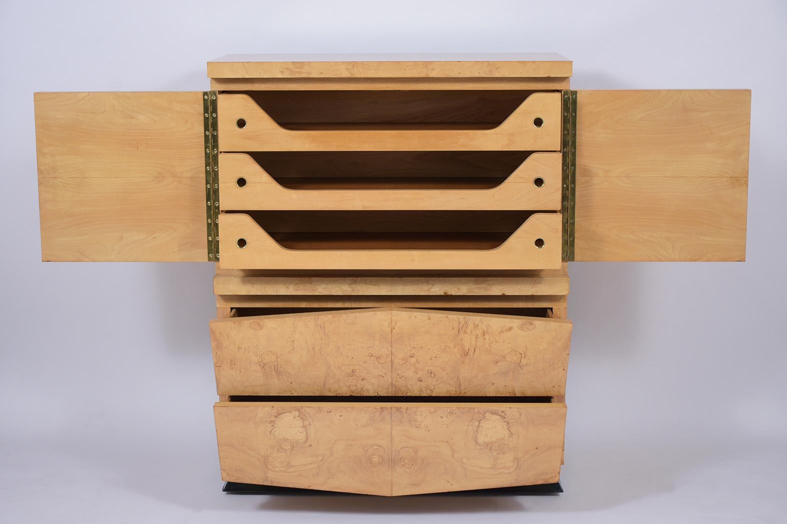 Mid-Century Modern Mid-Century Burled Maple Dresser with Brass Pulls - Vintage Modern Elegance