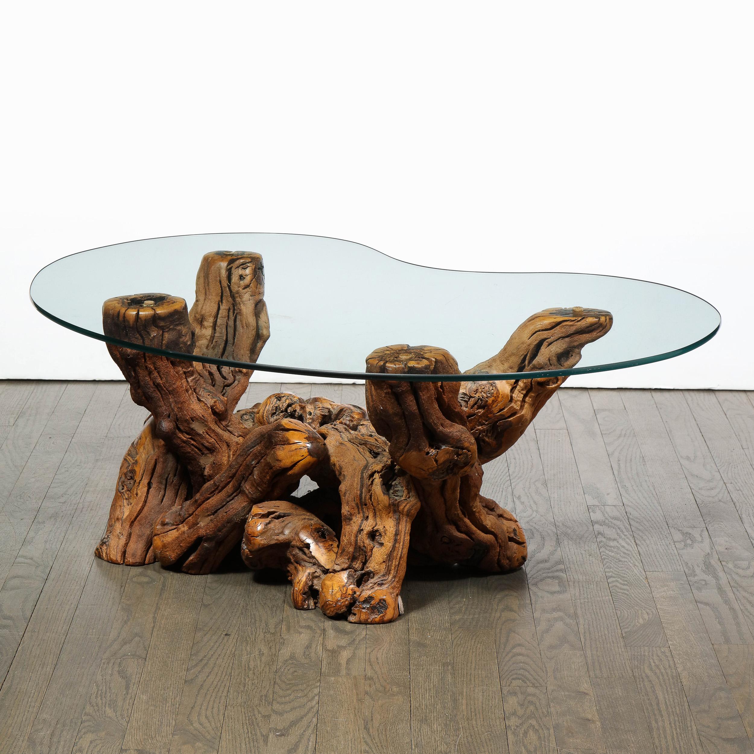 Mid-Century Modern Burled Driftwood Cocktail Table with Amorphic Glass Top 3