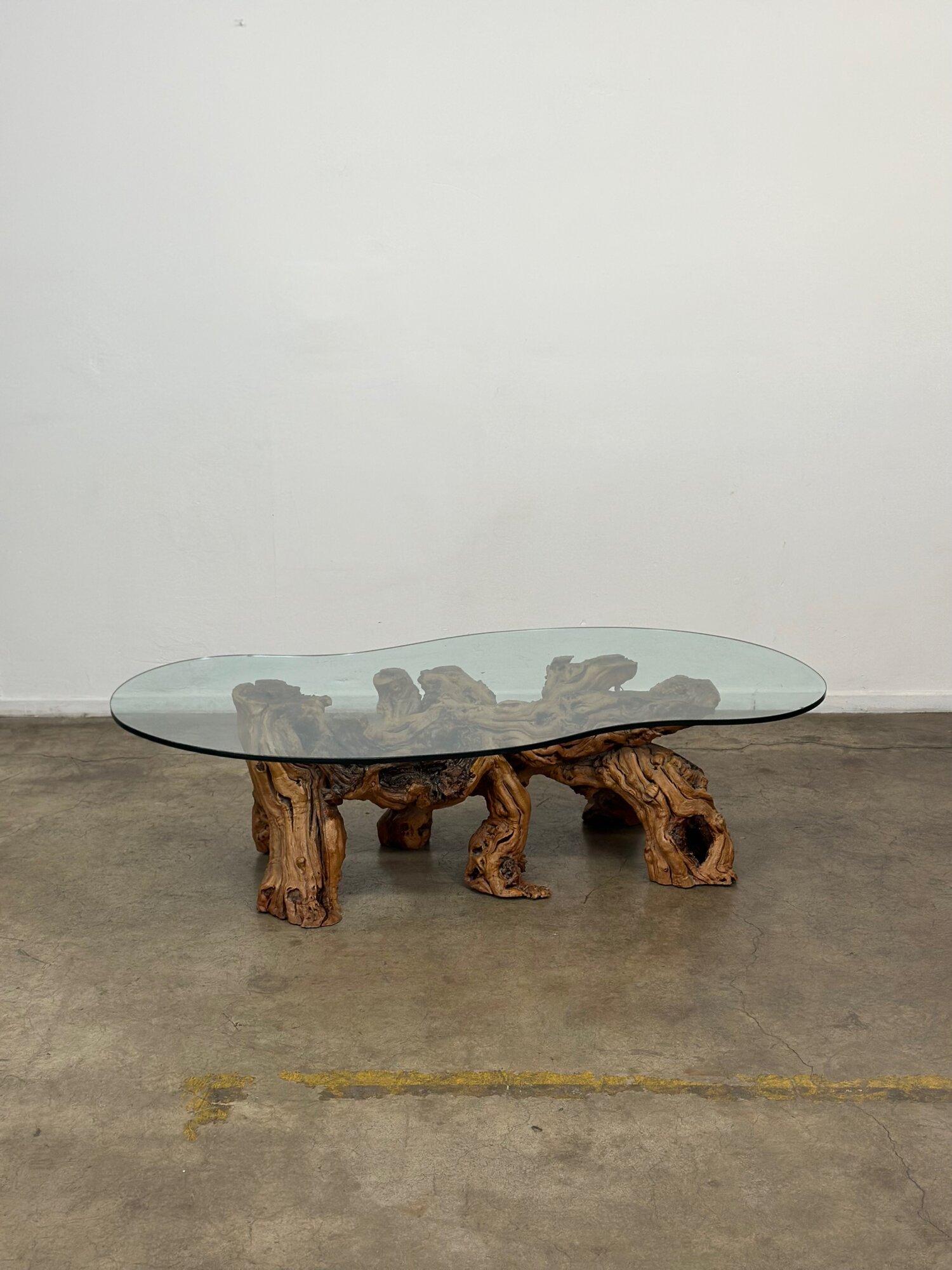 Mid-Century Modern Burled Driftwood Coffee Table with Amorphic Glass Top 2
