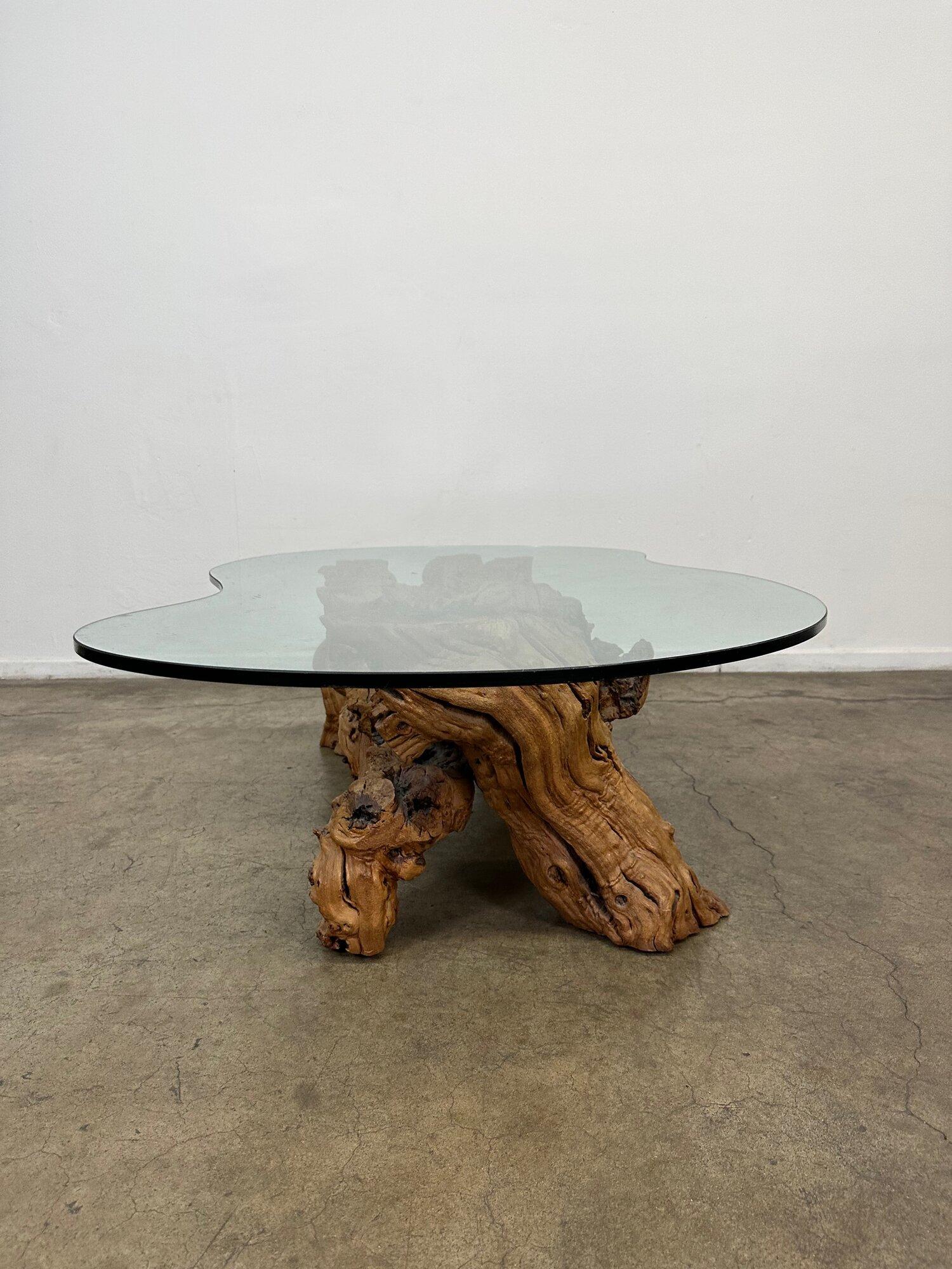 Mid-Century Modern Burled Driftwood Coffee Table with Amorphic Glass Top 3
