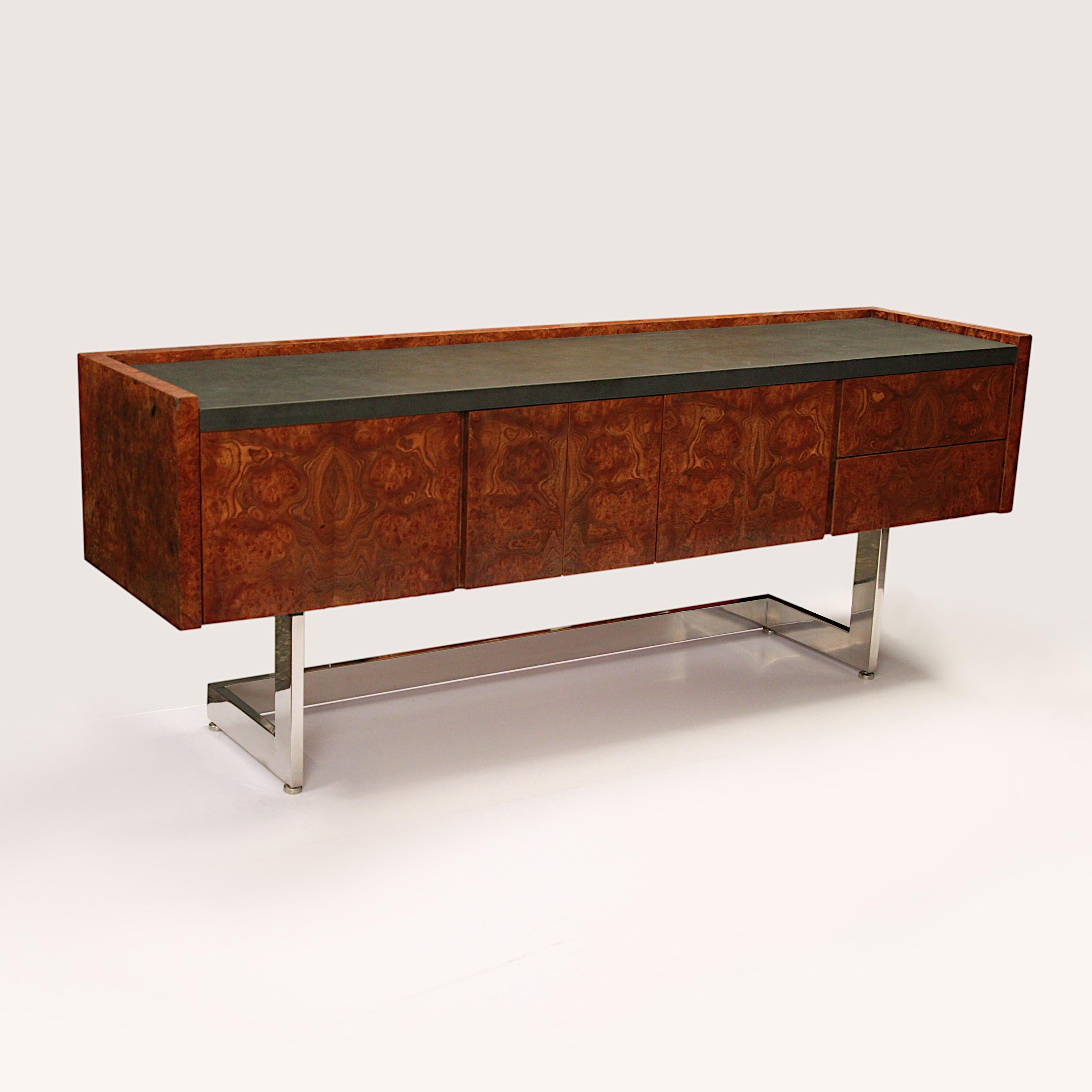 Mid-Century Modern Mid Century Modern Burled Olive Wood & Chrome Credenza TV Console