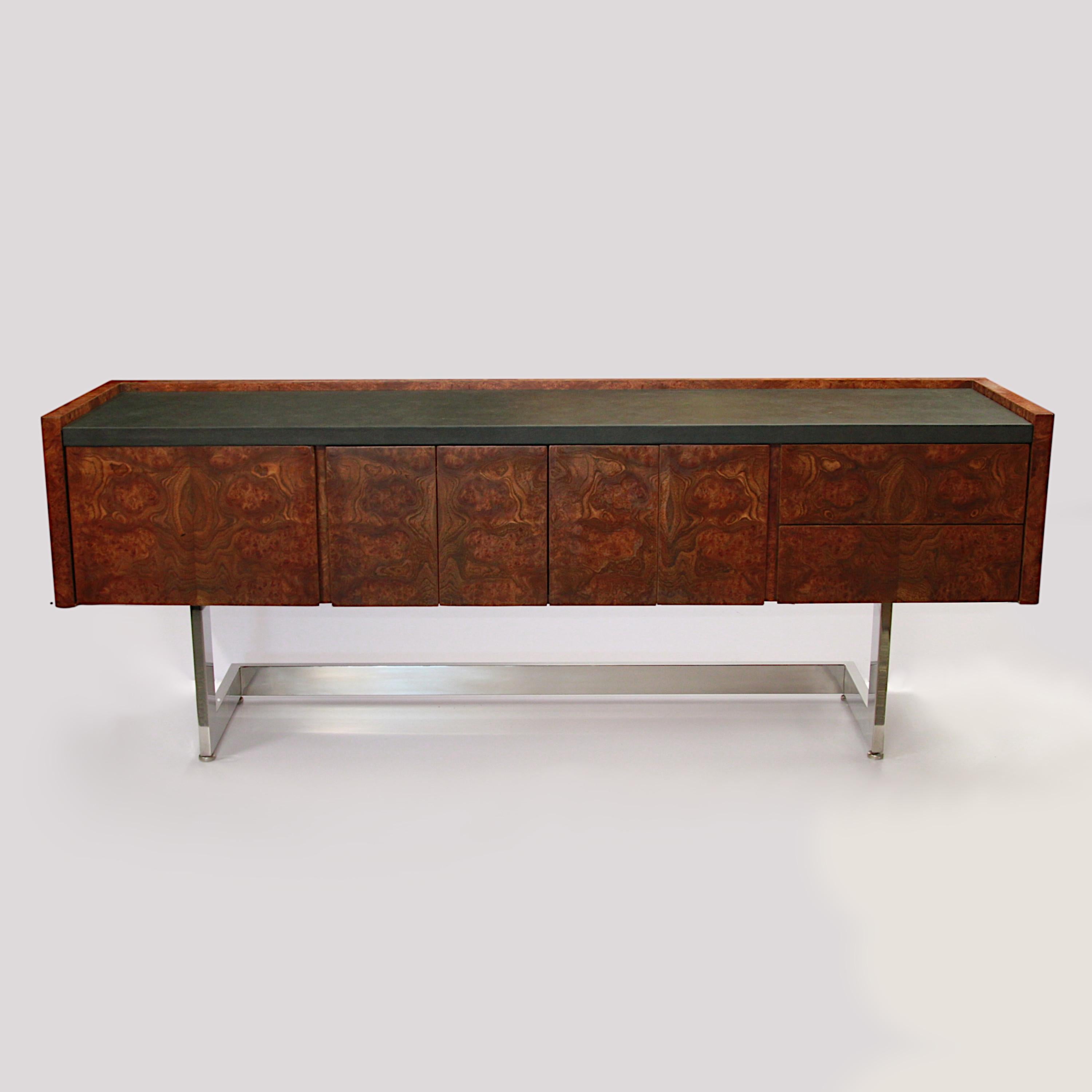 North American Mid Century Modern Burled Olive Wood & Chrome Credenza TV Console