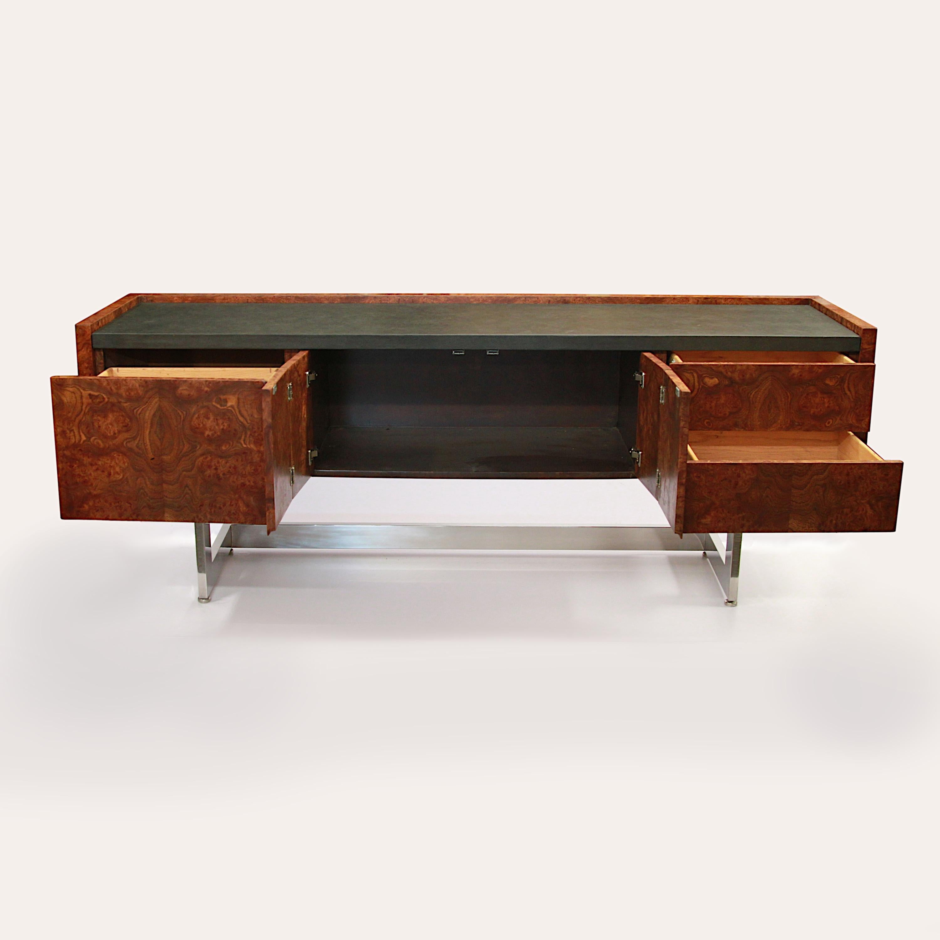 Mid Century Modern Burled Olive Wood & Chrome Credenza TV Console In Good Condition In Lafayette, IN