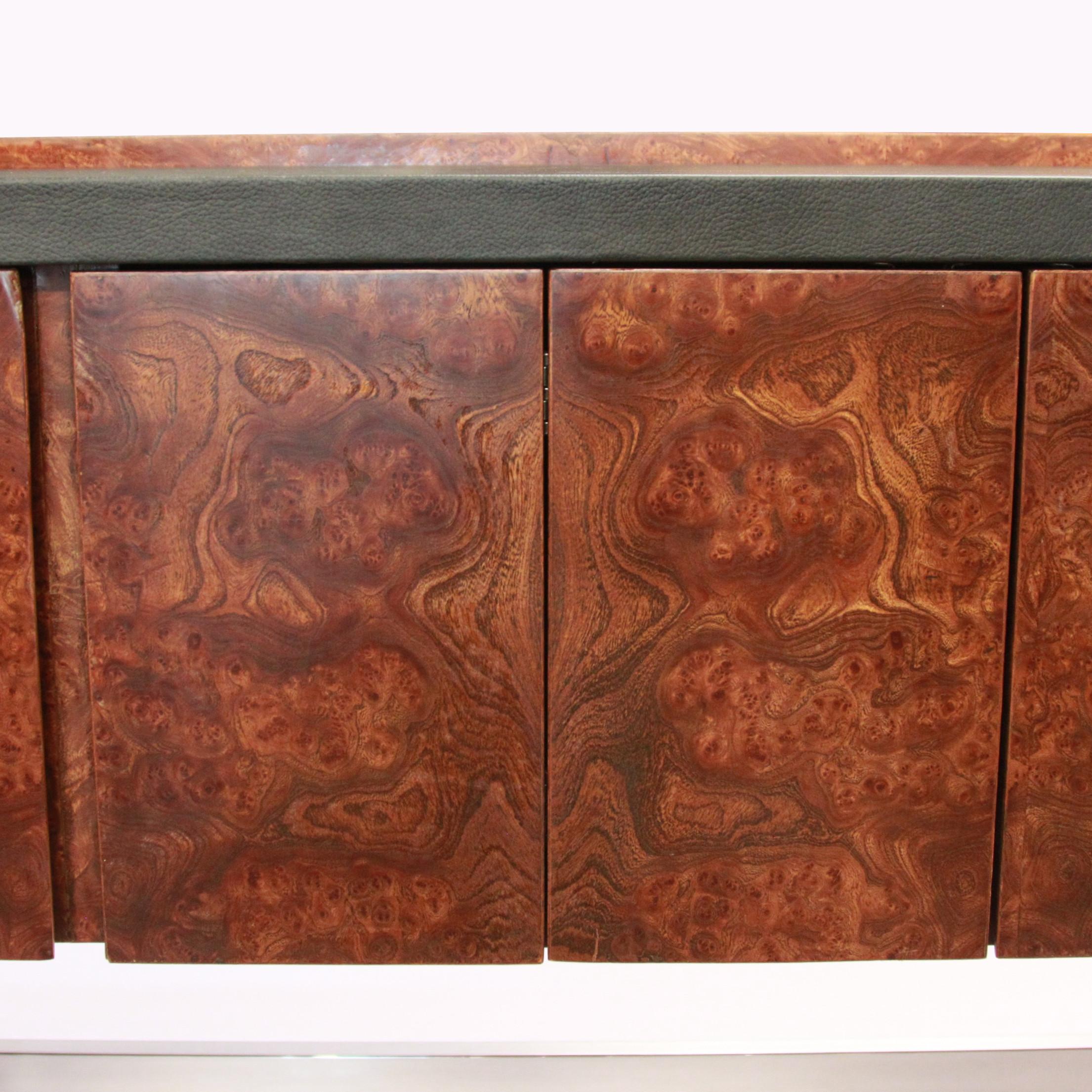 Late 20th Century Mid Century Modern Burled Olive Wood & Chrome Credenza TV Console