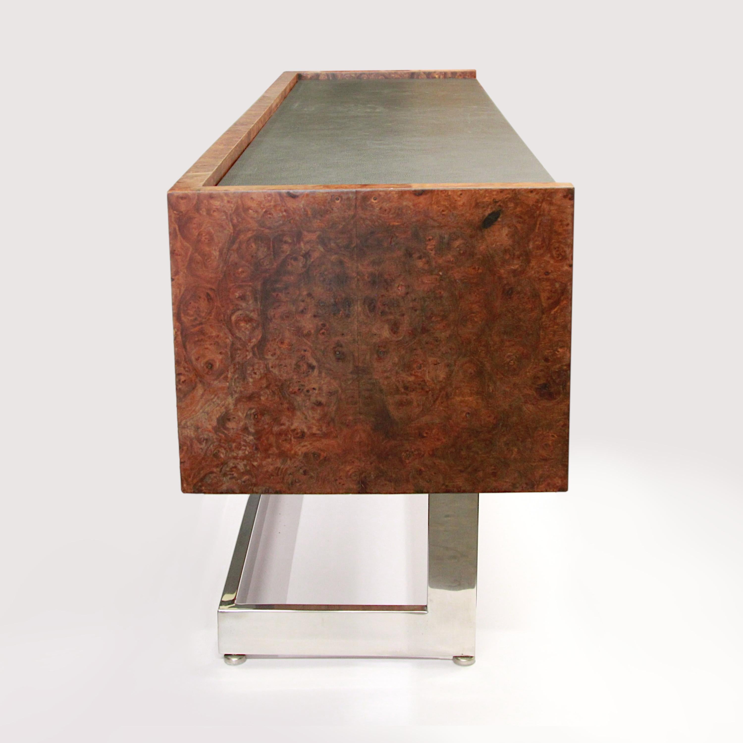 Abalone Mid Century Modern Burled Olive Wood & Chrome Credenza TV Console