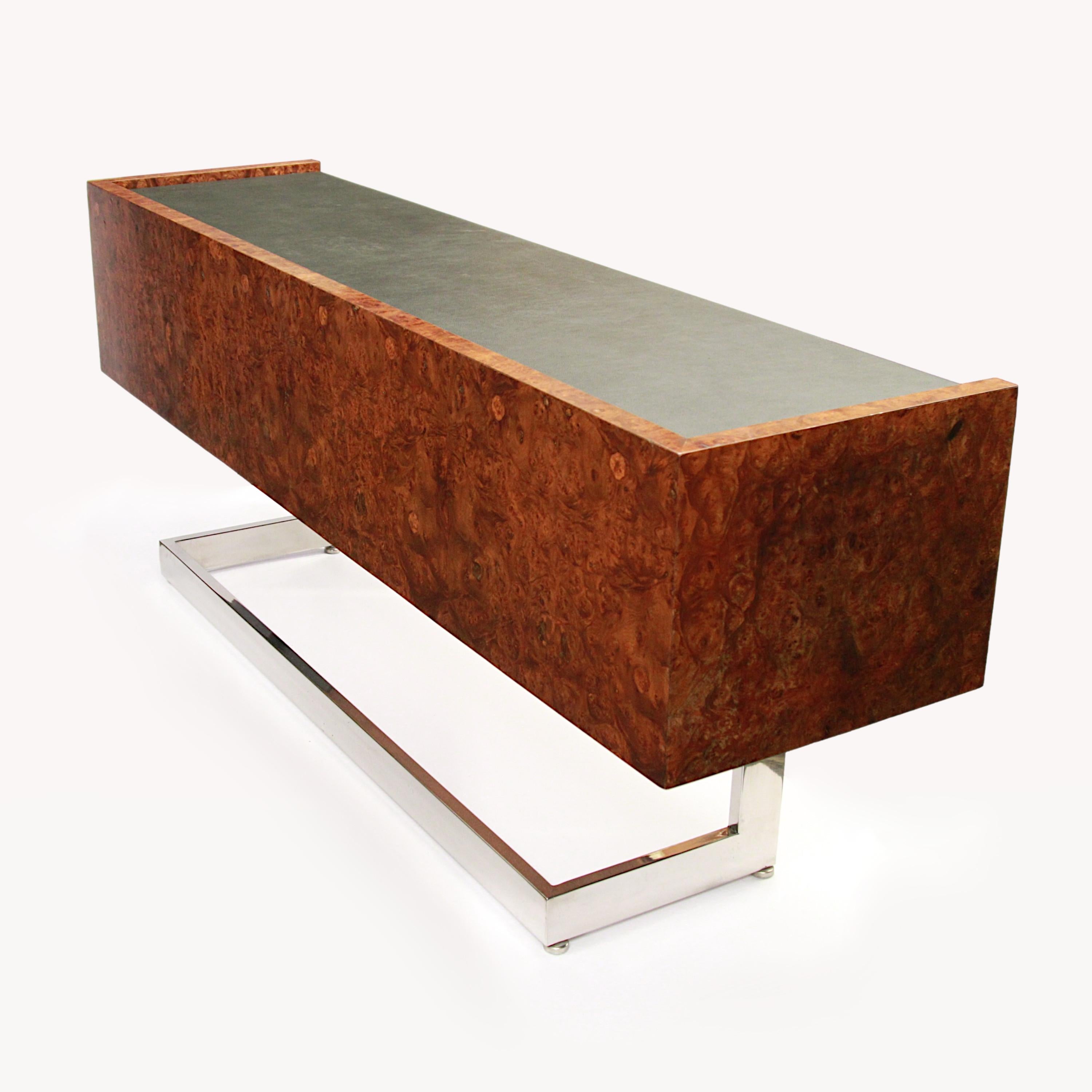 Mid Century Modern Burled Olive Wood & Chrome Credenza TV Console 1