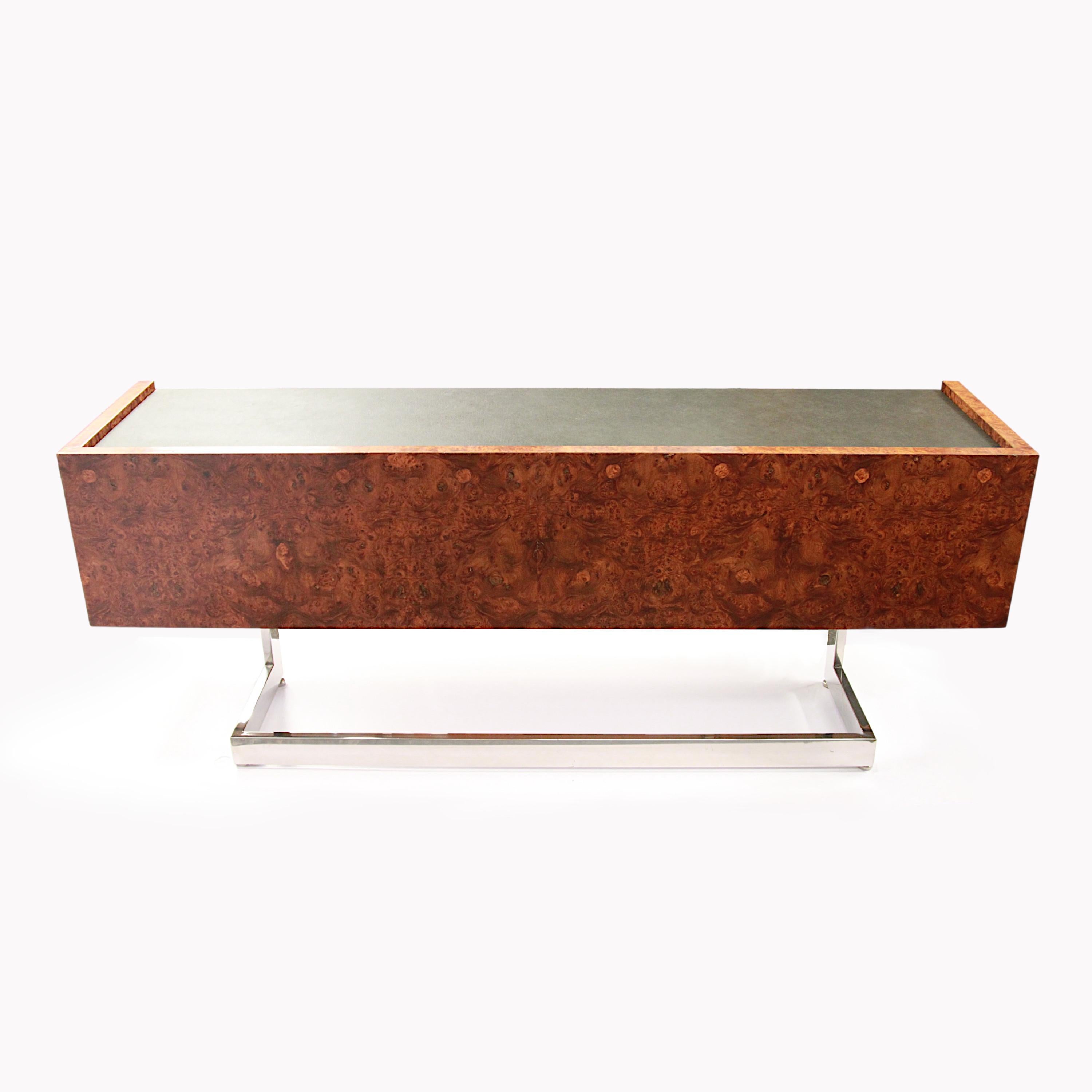 Mid Century Modern Burled Olive Wood & Chrome Credenza TV Console 2