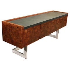 Mid Century Modern Burled Olive Wood & Chrome Credenza TV Console