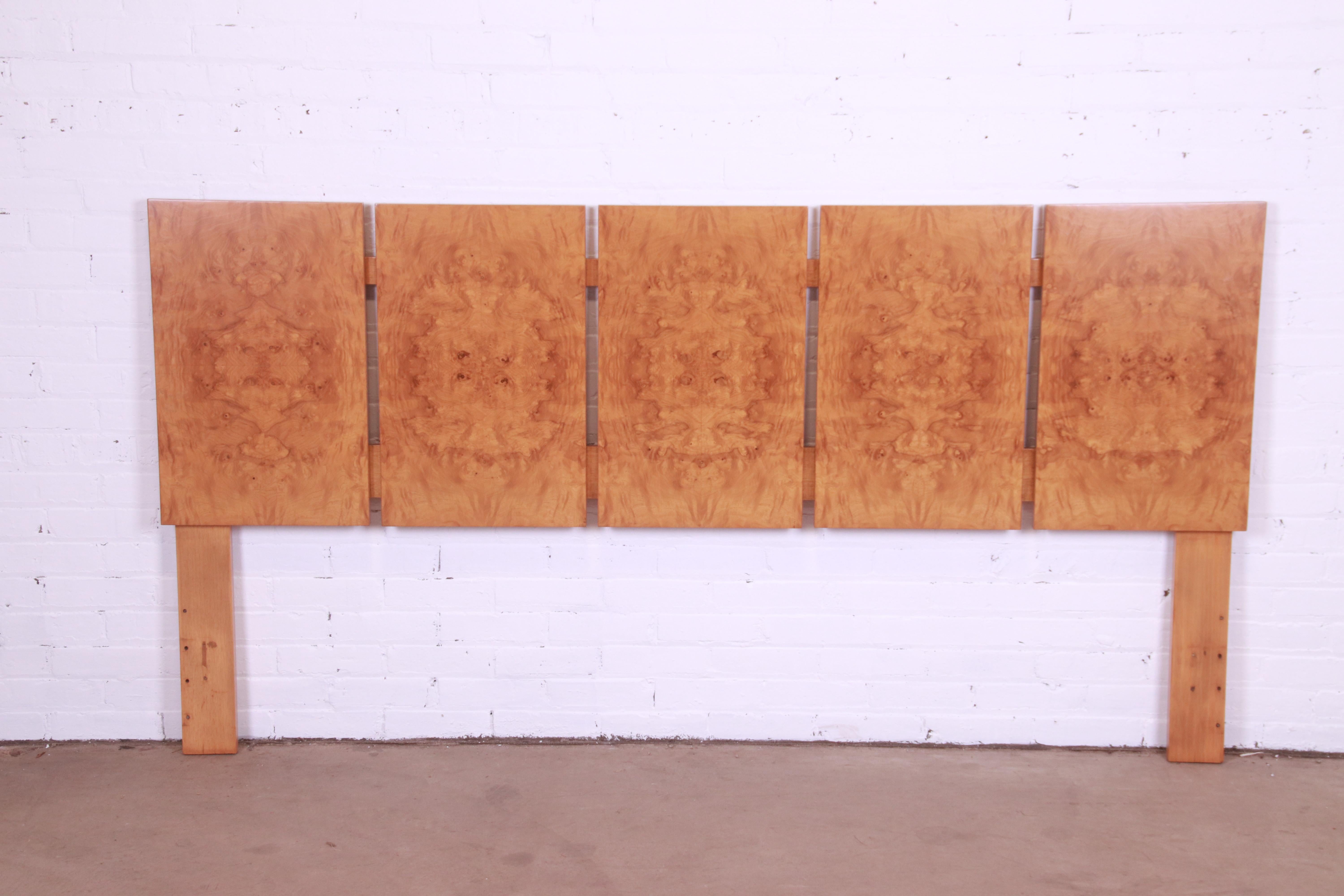Mid-Century Modern Burled Olive Wood King Size Headboard by Lane, Refinished In Good Condition In South Bend, IN