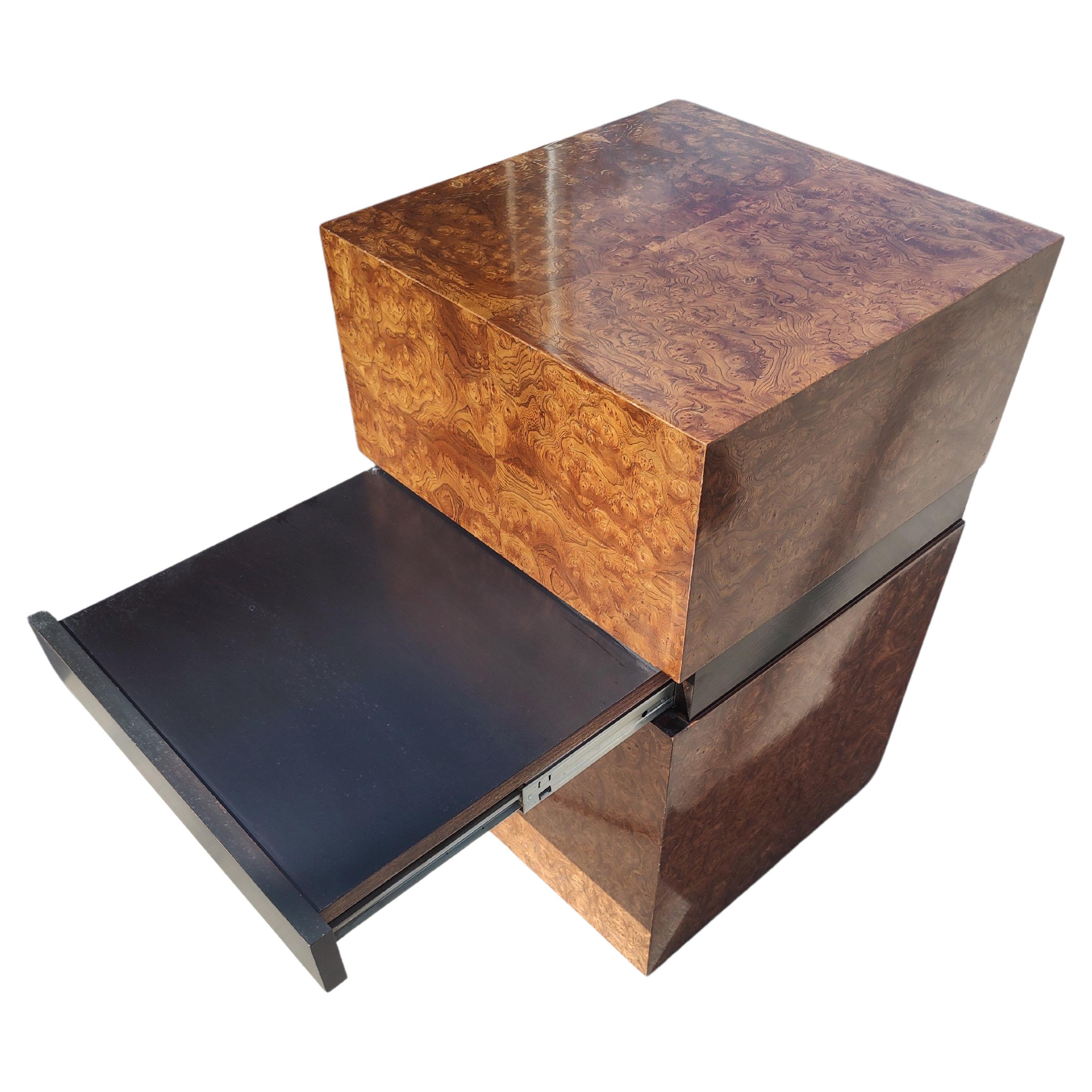 Fabulous tall 20 x 20 x 32.75h cube table in burled olivewood with a hidden pullout writing/work drawer, tray is 18 x 15. Fantastic burled olivewood veneer which is in excellent vintage condition with minimal wear. Drawer when closed is hidden in
