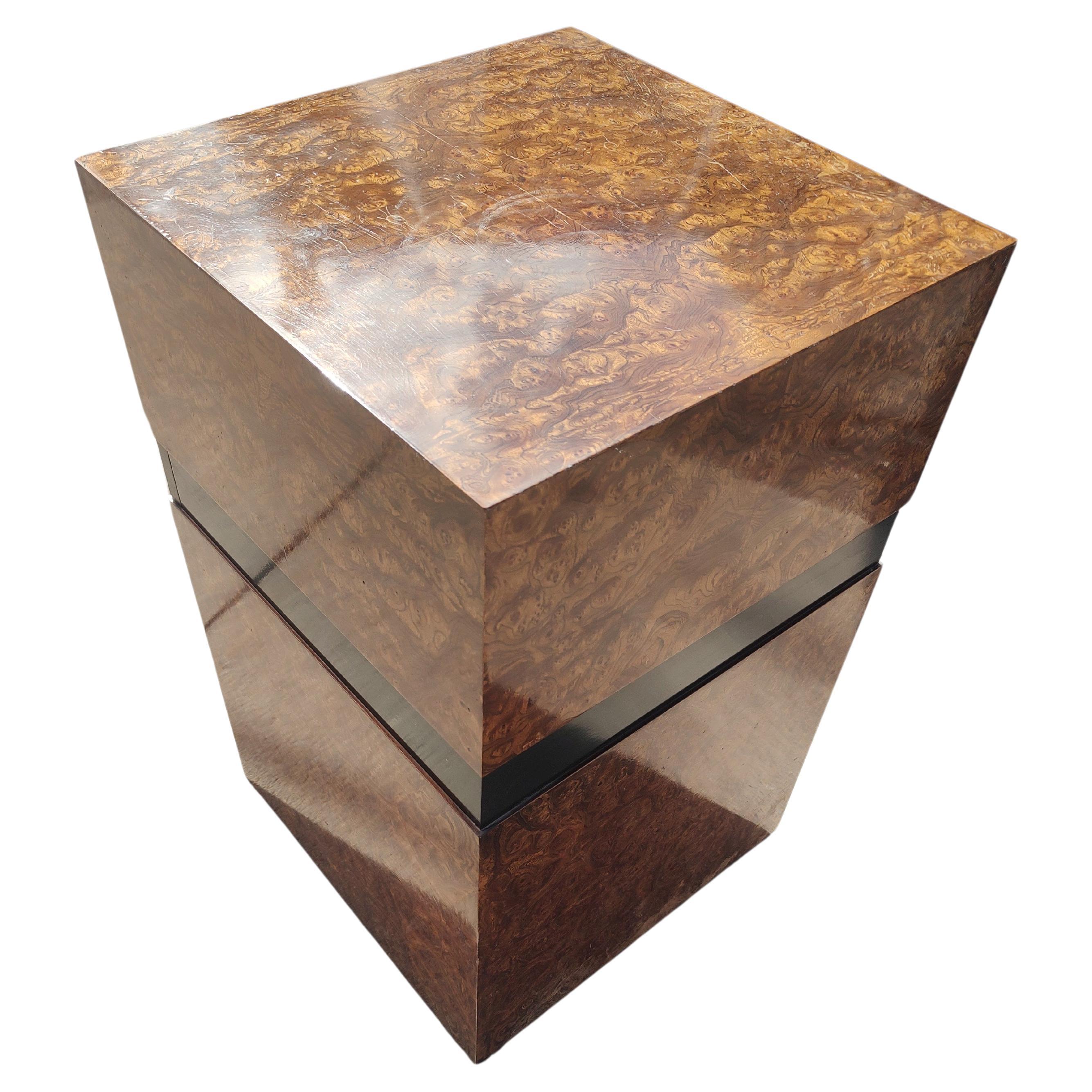 American Mid Century Modern Burled Olivewood Cube Table Attributed to Milo Baughman 1975  For Sale