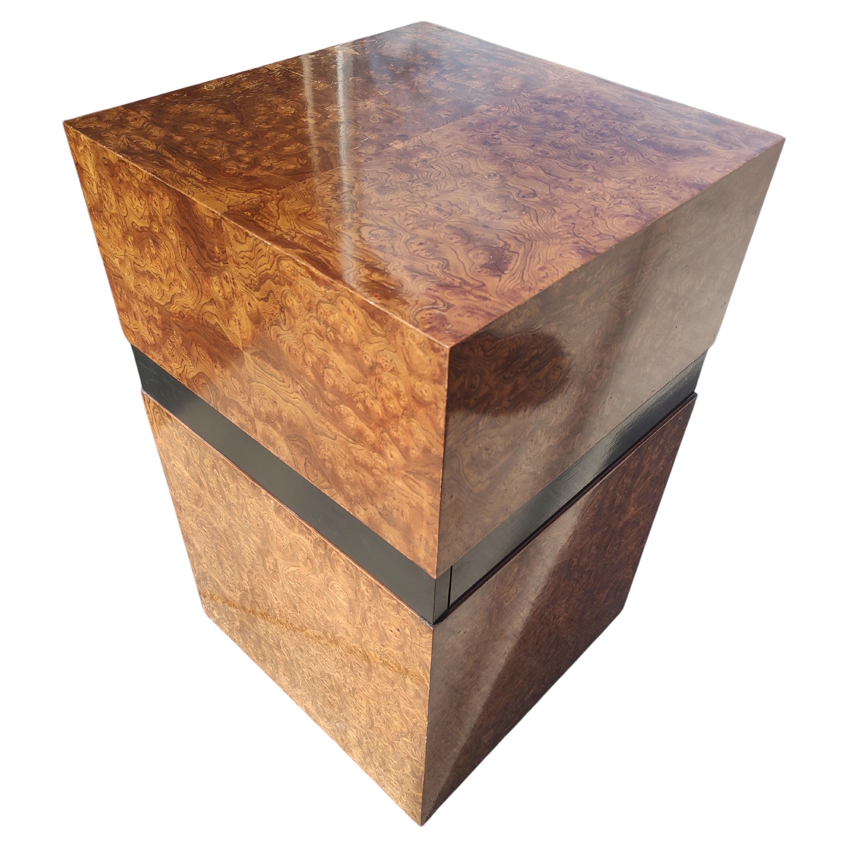 Mid Century Modern Burled Olivewood Cube Table Attributed to Milo Baughman 1975  For Sale