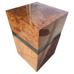 Mid Century Modern Burled Olivewood Cube Table Attributed to Milo Baughman 1975 