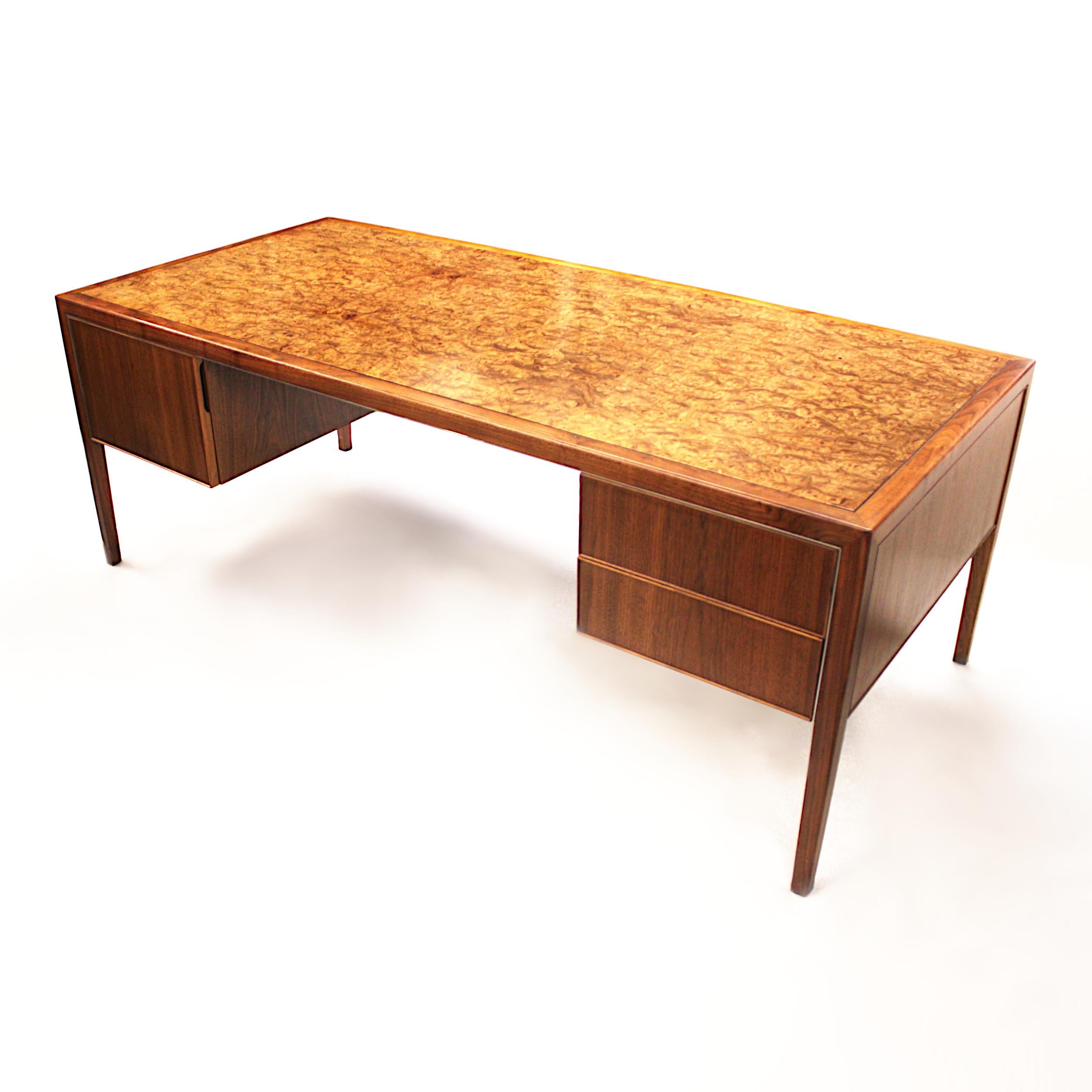 Mid-Century Modern Burled-Top Walnut Executive Desk by Stow Davis 2