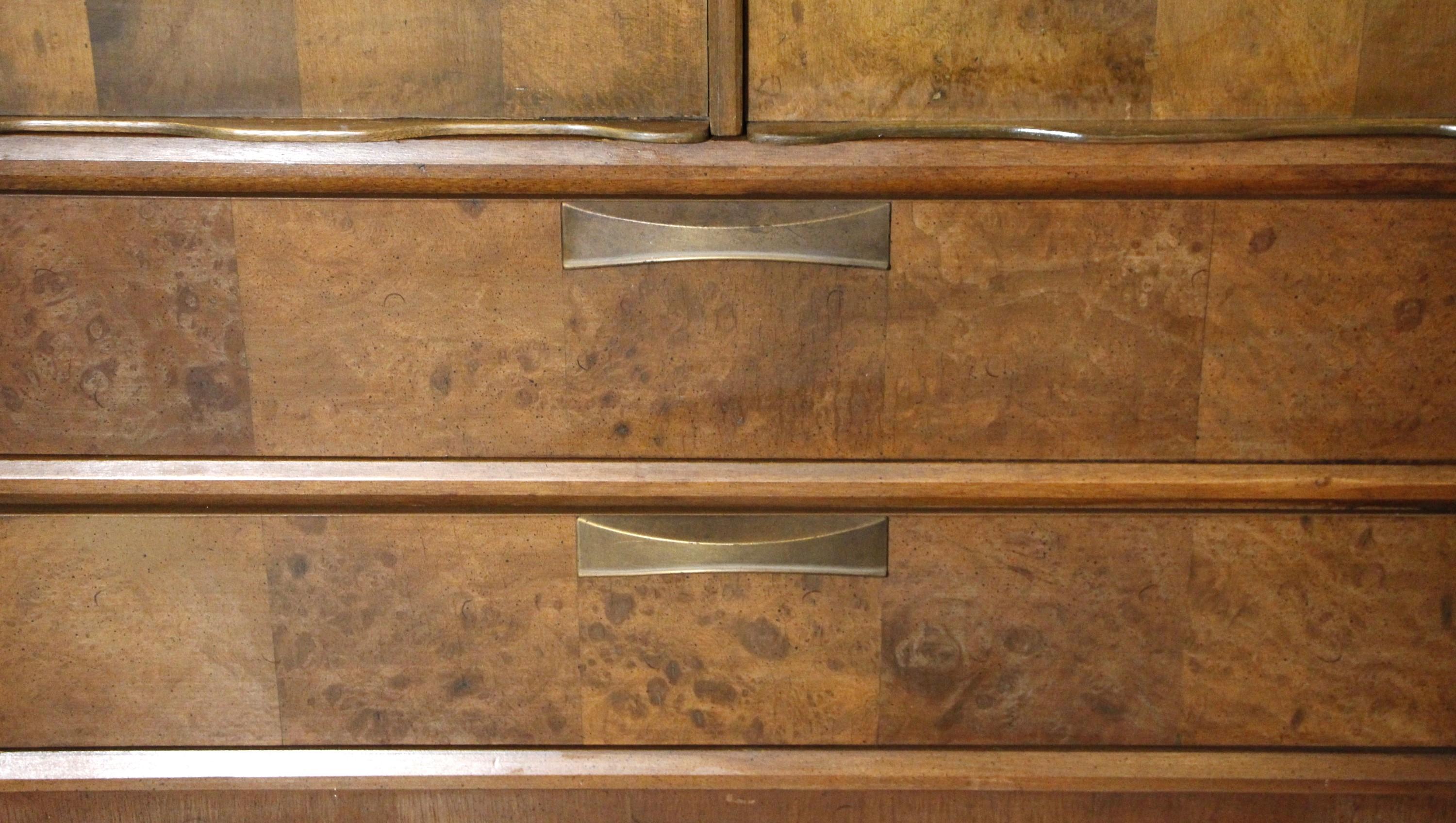 Mid-Century Modern Burled Walnut Dresser 4 Drawers + Shelves 1