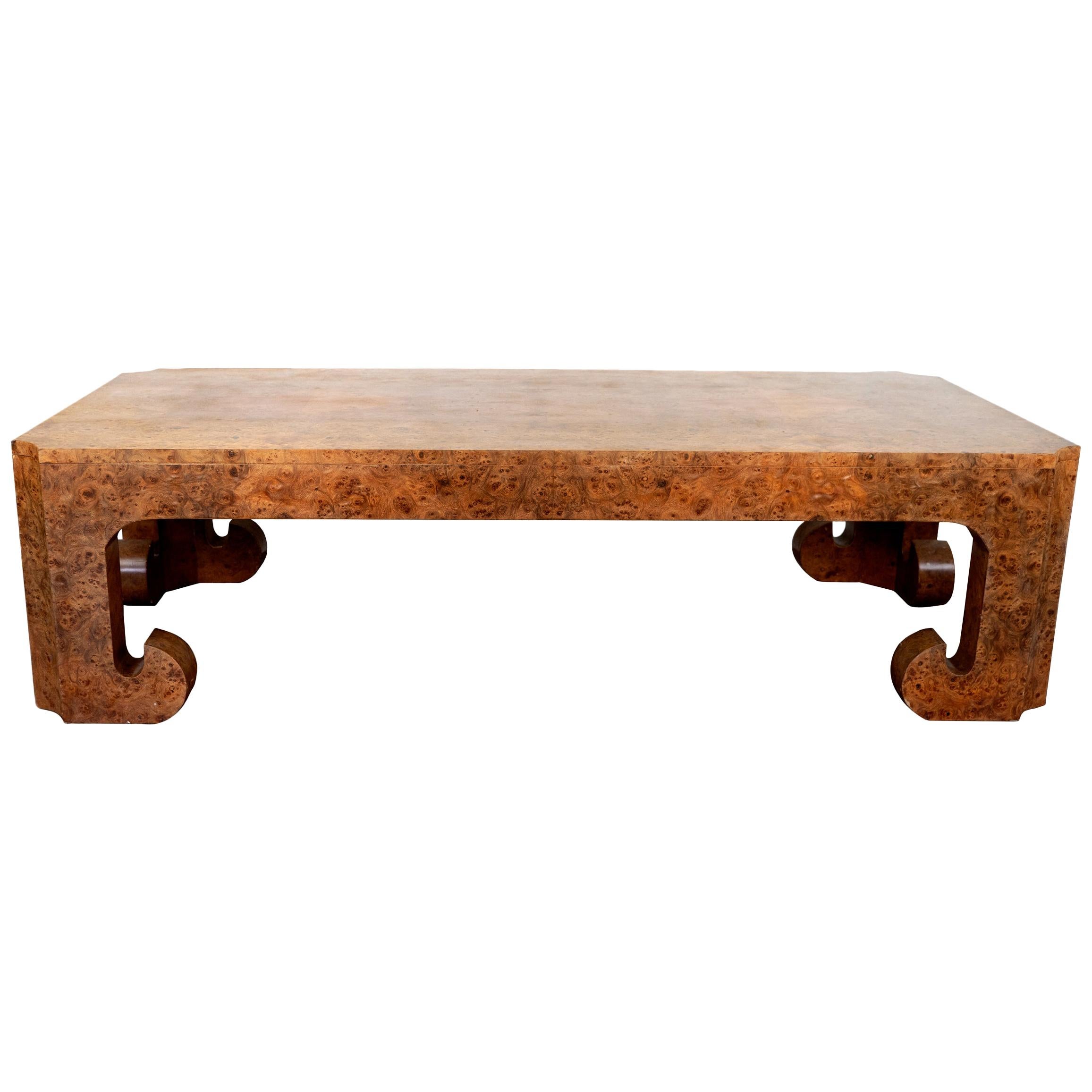 Mid-Century Modern Burled Wood Coffee Table in the Style of Milo Baughman