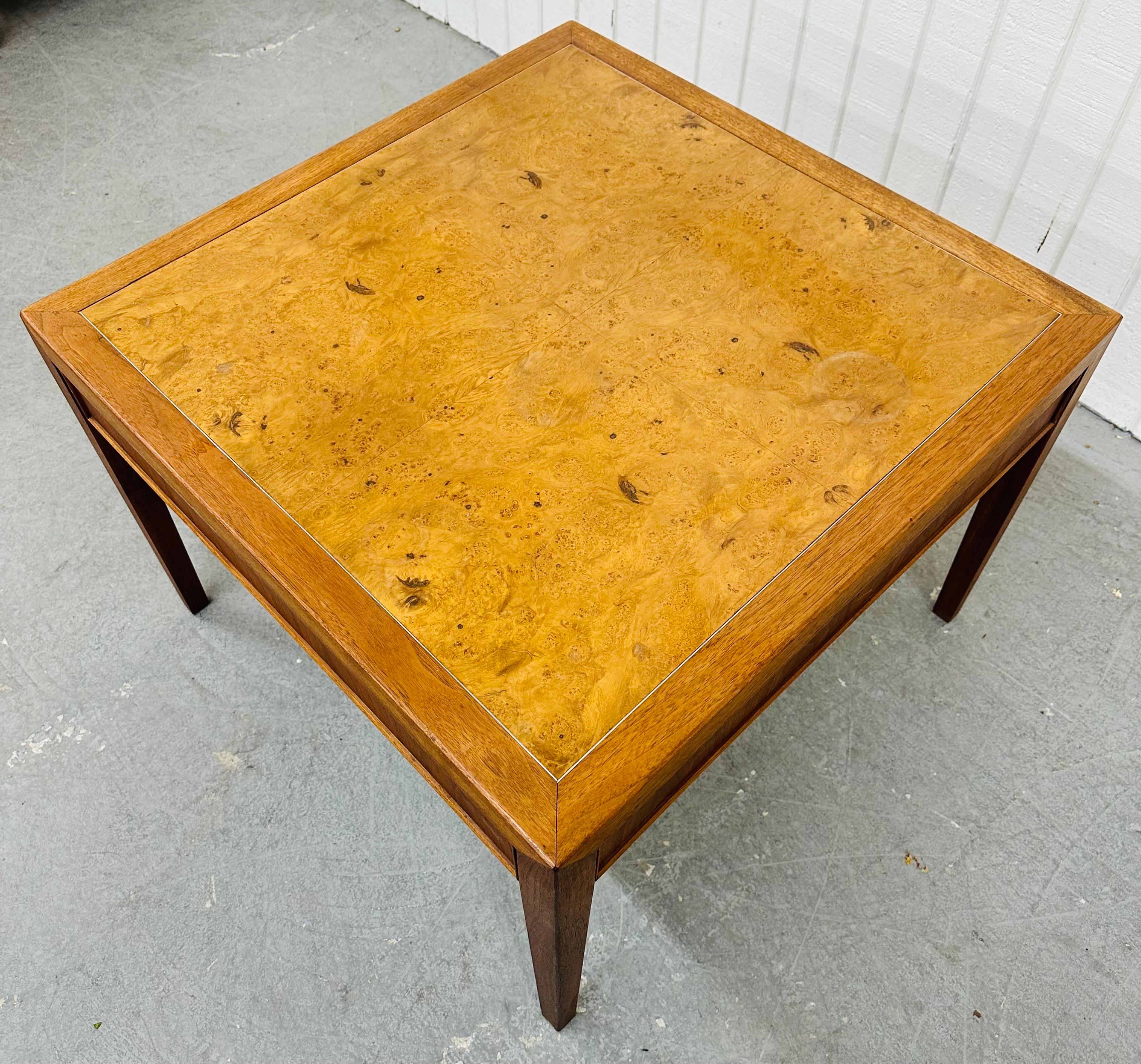 This listing is for a Mid-Century Modern Burled Wood Side Table. Featuring a straight line design, rectangular top, four modern legs, and a combination of burled wood and walnut. This is an exceptional combination of quality and design!