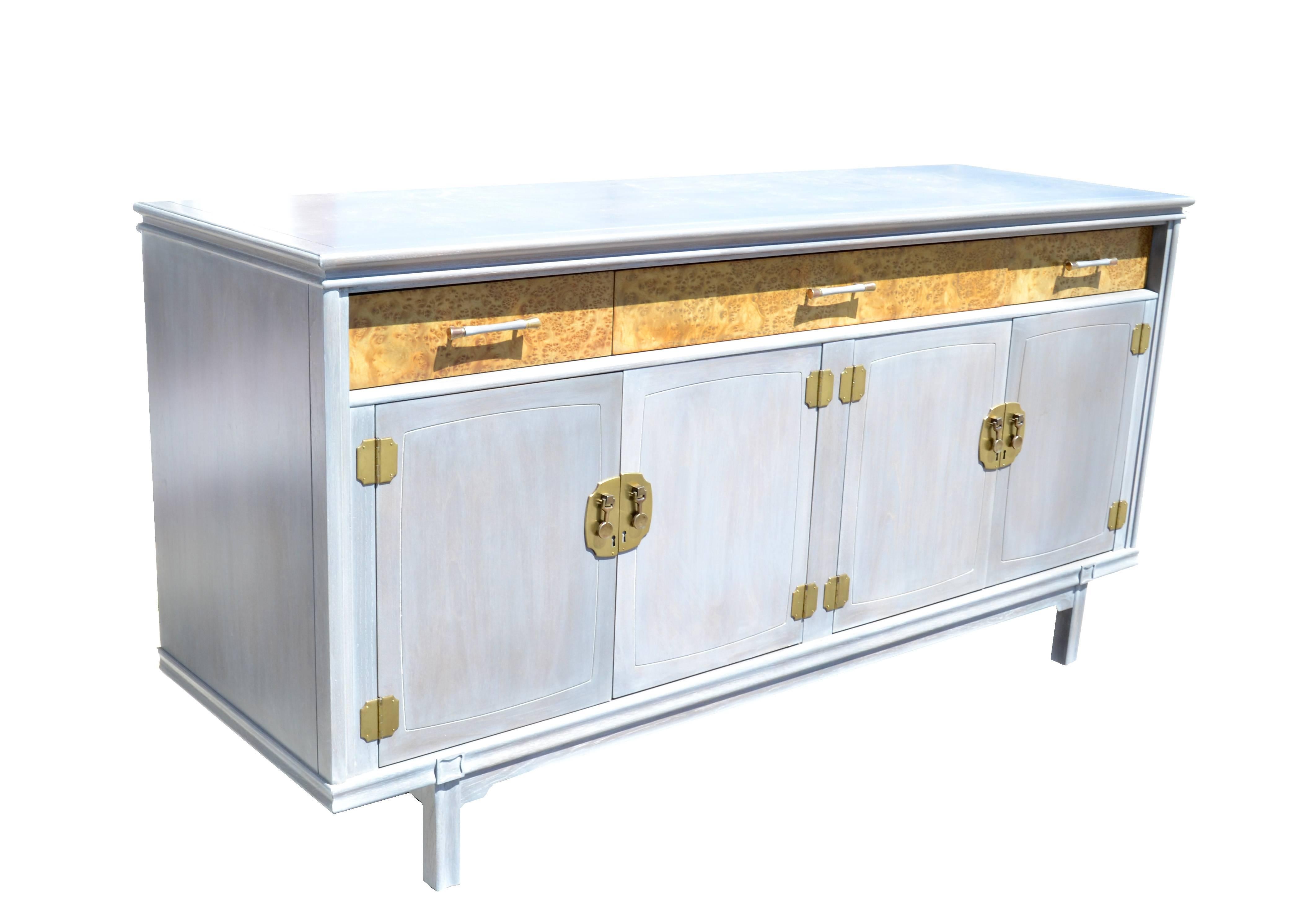American Modernage Furniture Co Mid-Century Modern Burl Wood Brass Credenza Ceruse Finish For Sale