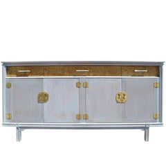 Mid-Century Modern Burl Wood and Brass Credenza in a Cerused Finish