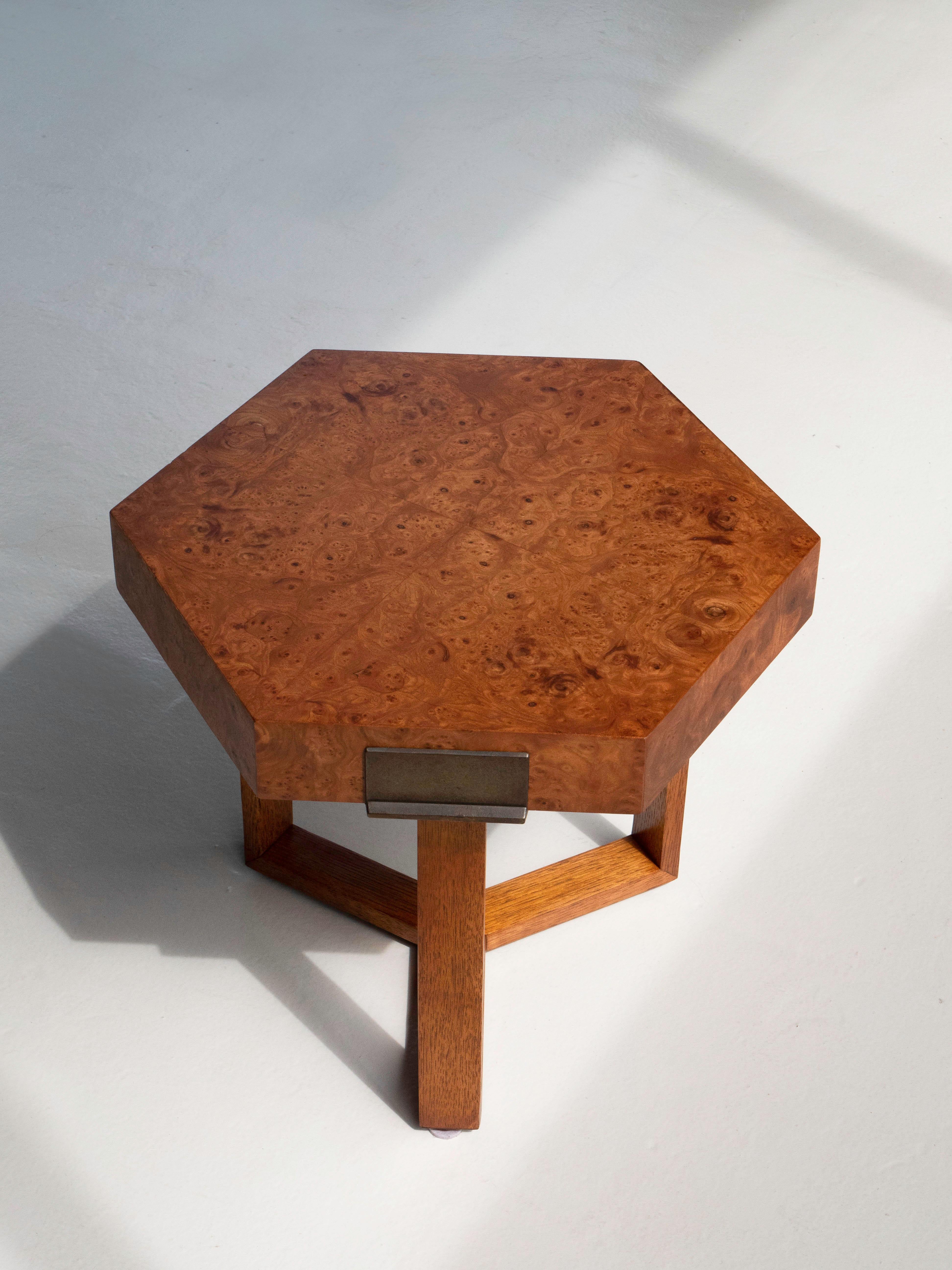 American Mid-Century Modern Burlwood and Brass Hexagon Side Table, Milo Baughman
