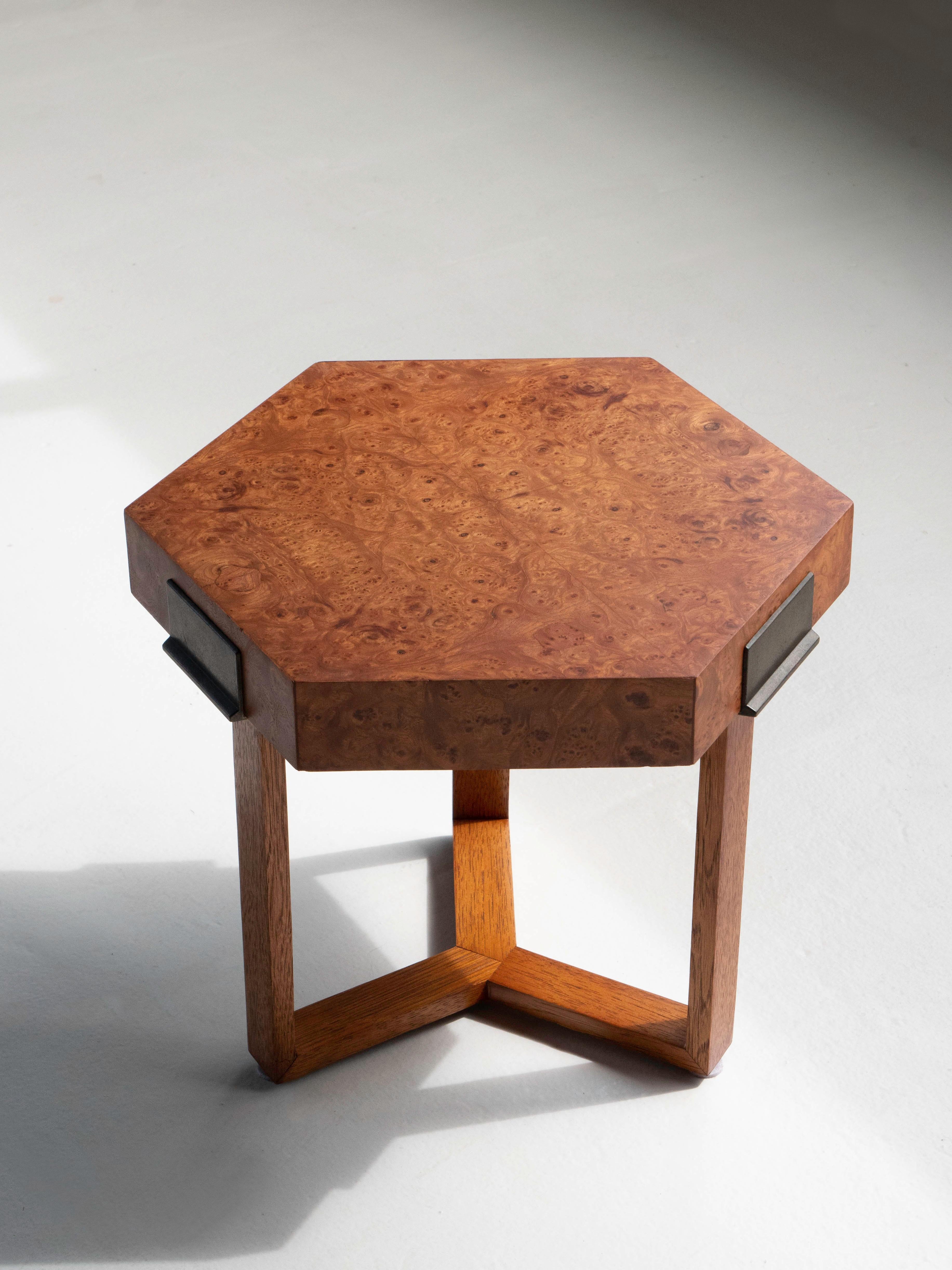 Mid-Century Modern Burlwood and Brass Hexagon Side Table, Milo Baughman 2