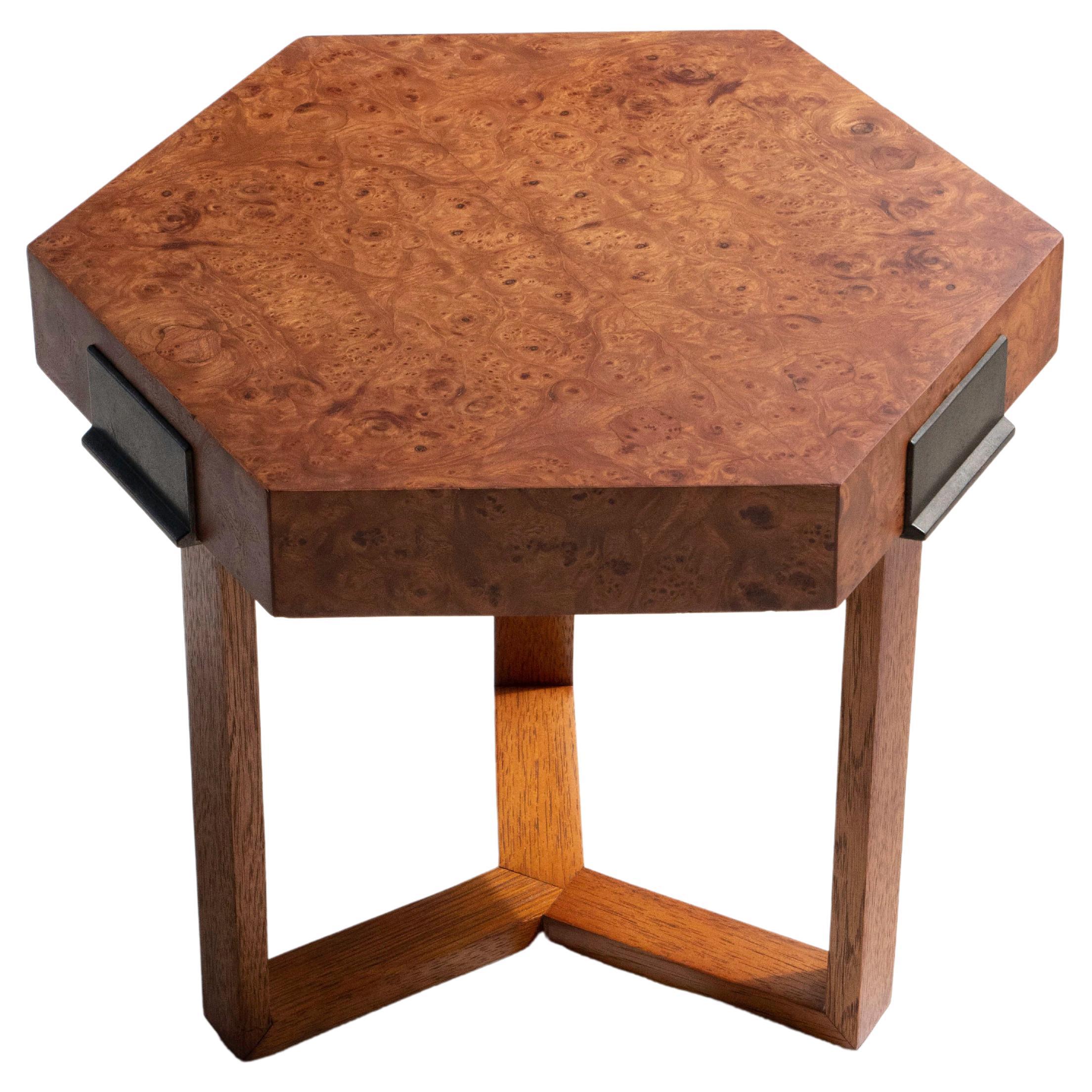 Mid-Century Modern Burlwood and Brass Hexagon Side Table, Milo Baughman