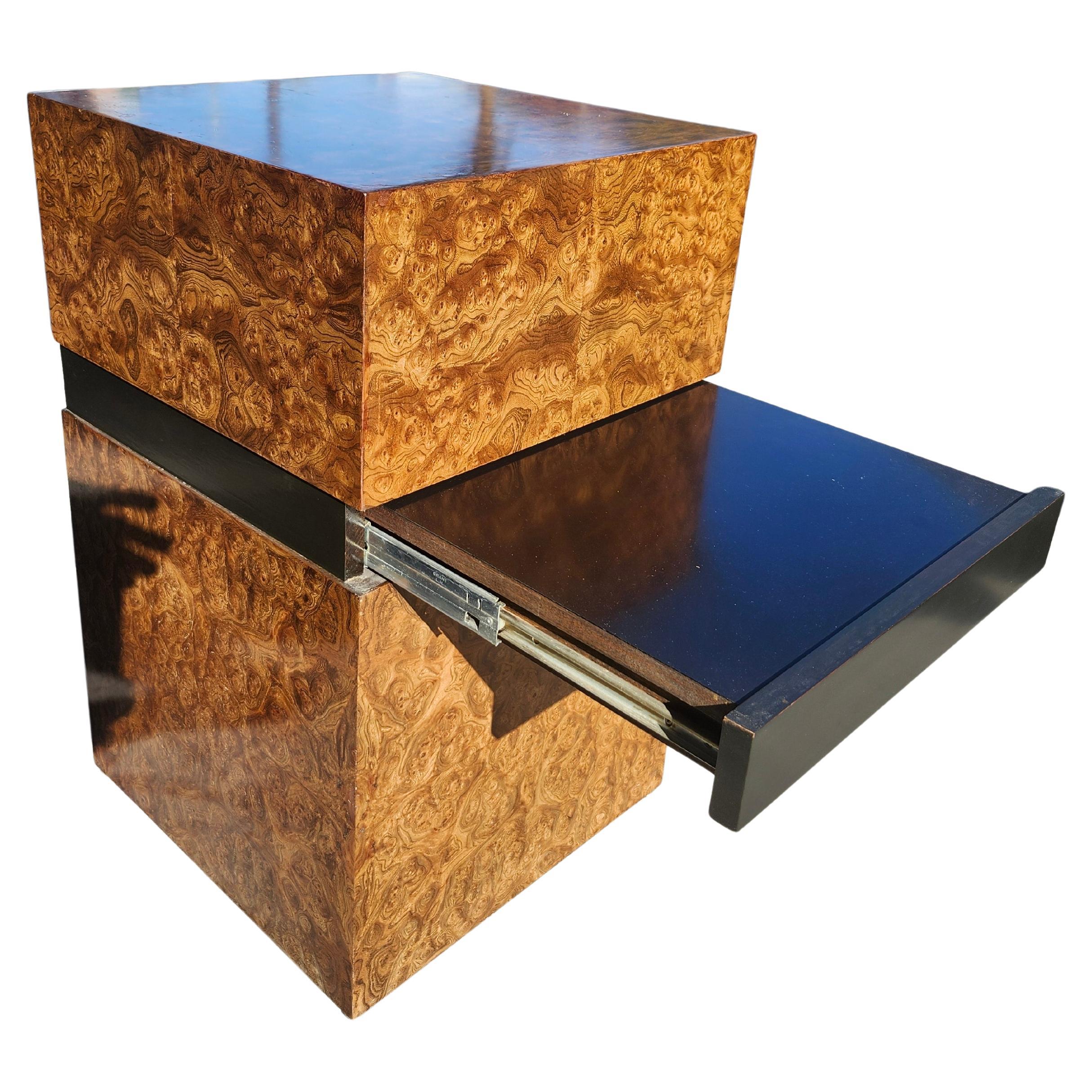 Mid-Century Modern Burlwood Cube Pedestal End Table with Slide Out Work Space For Sale 4
