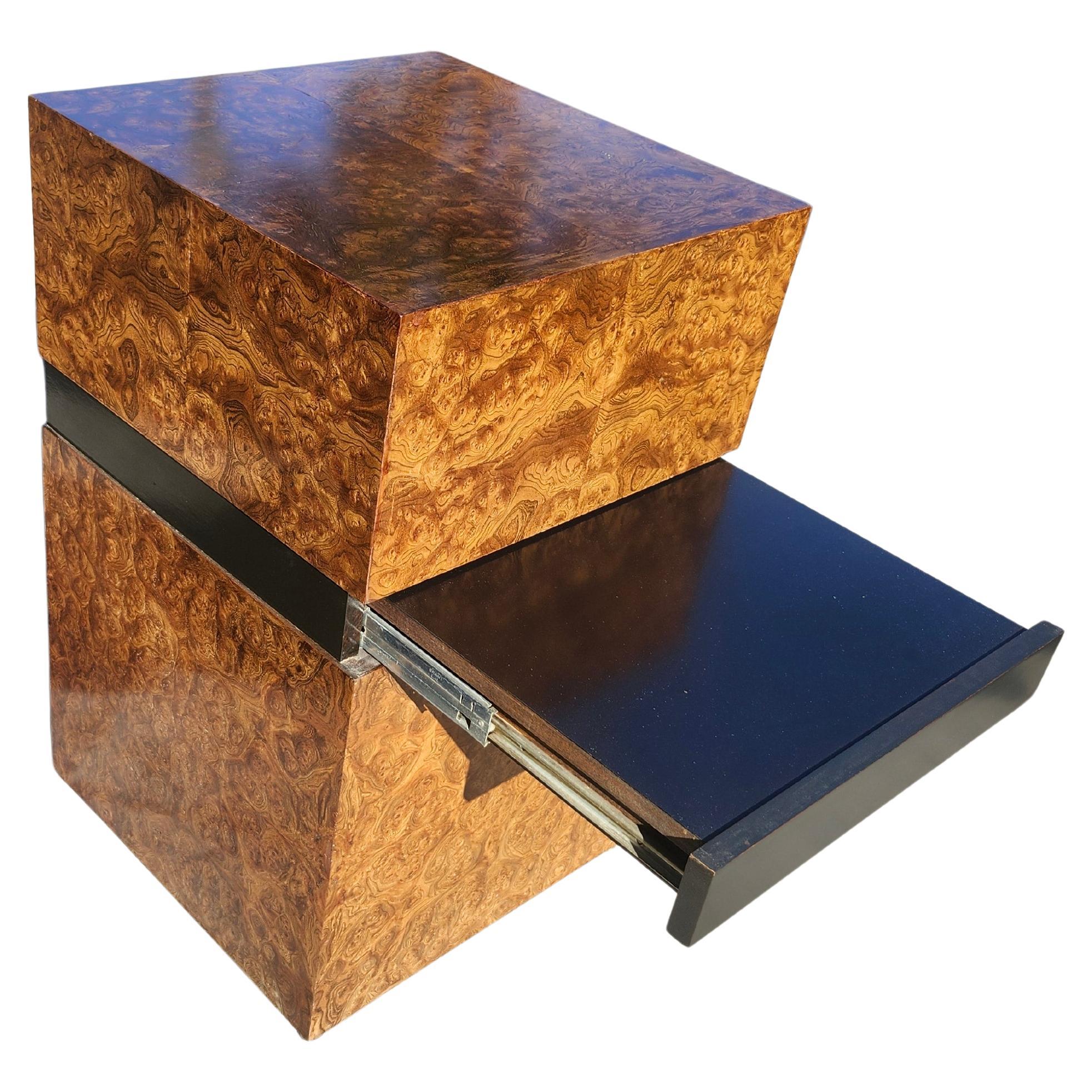 Mid-Century Modern Burlwood Cube Pedestal End Table with Slide Out Work Space In Good Condition For Sale In Port Jervis, NY