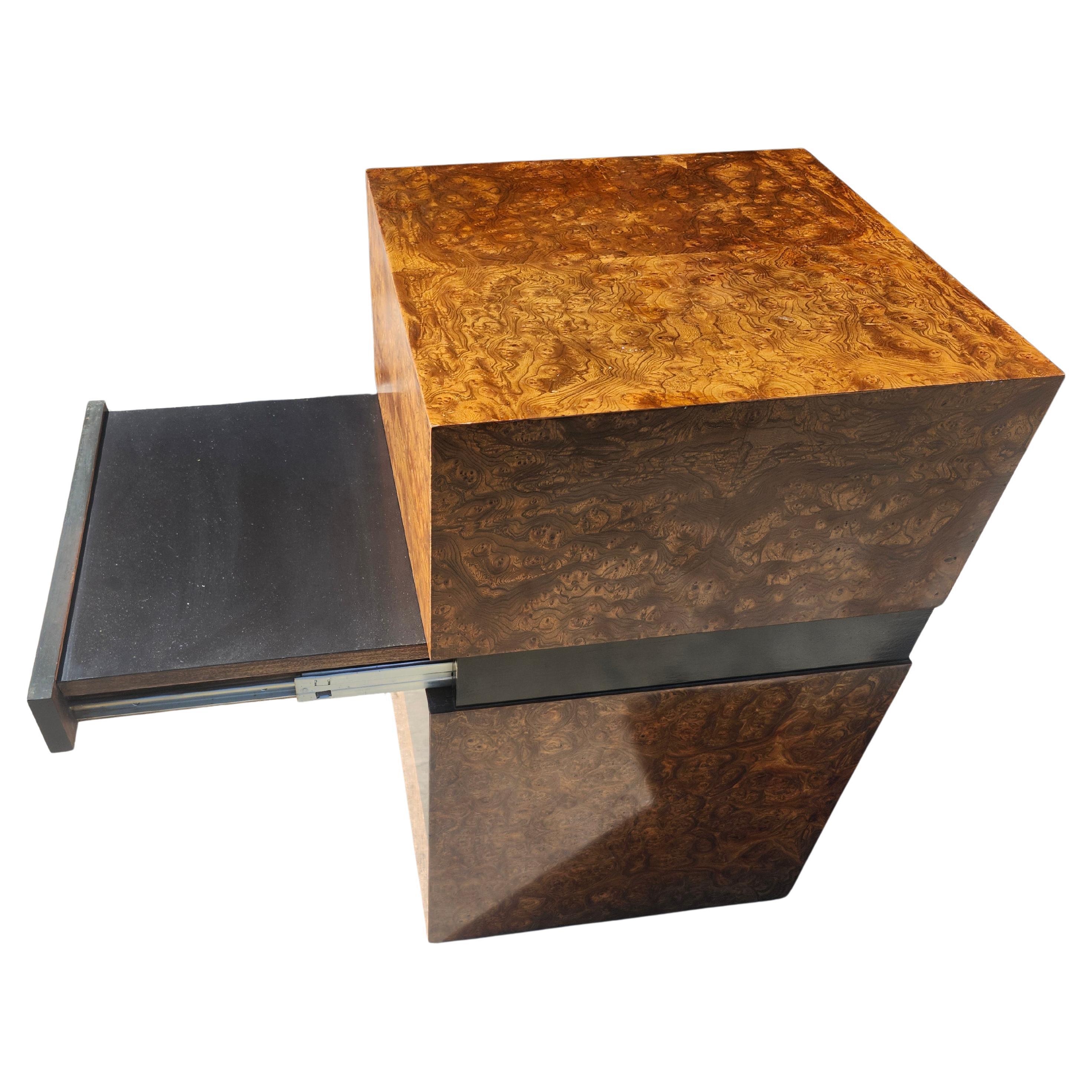 Late 20th Century Mid-Century Modern Burlwood Cube Pedestal End Table with Slide Out Work Space For Sale