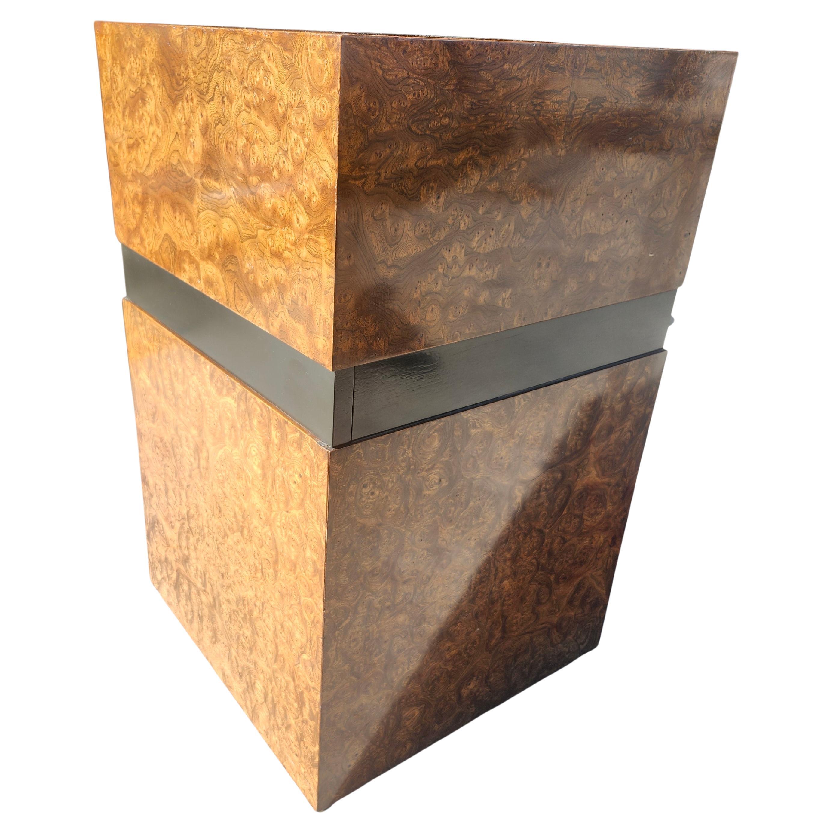 Metal Mid-Century Modern Burlwood Cube Pedestal End Table with Slide Out Work Space For Sale