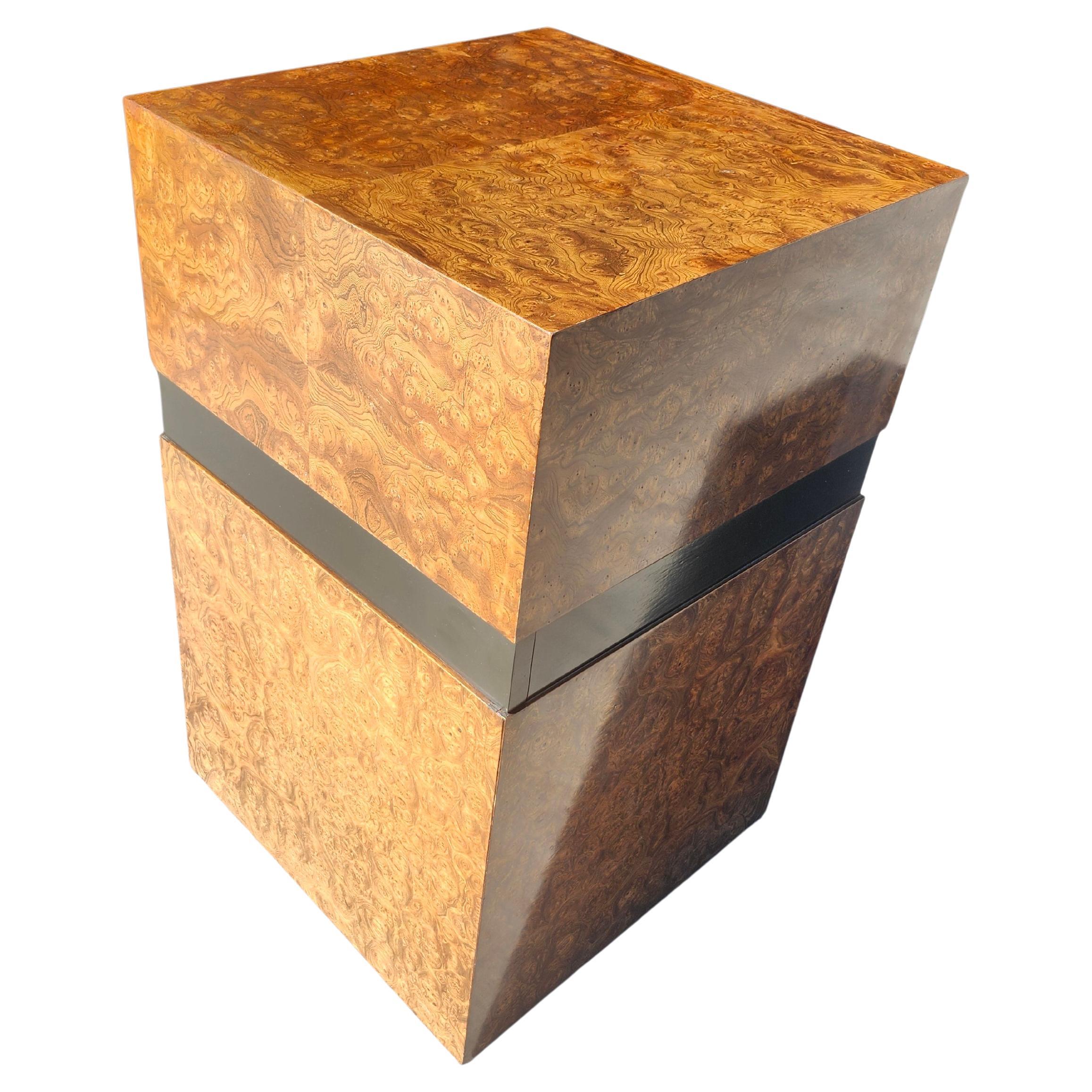 Mid-Century Modern Burlwood Cube Pedestal End Table with Slide Out Work Space For Sale 1
