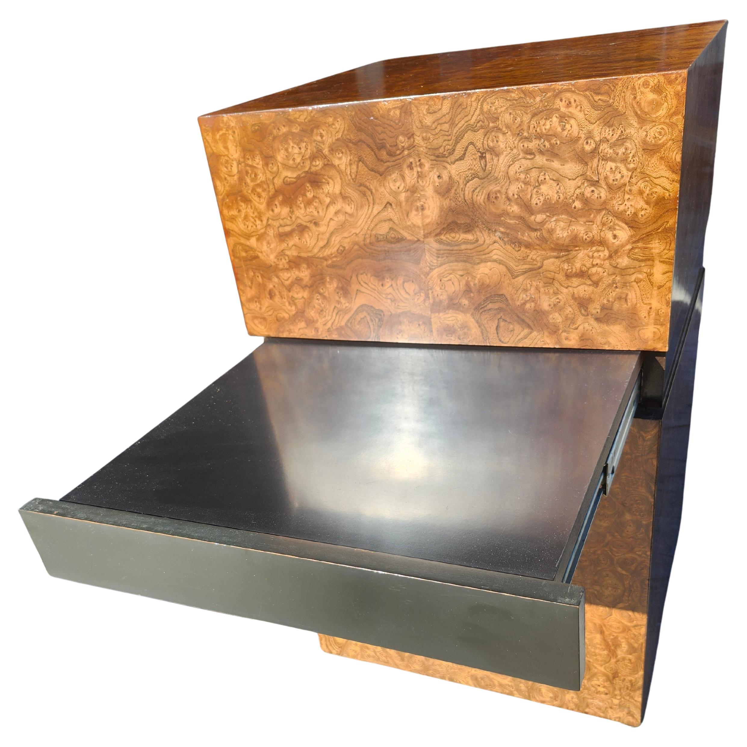 Mid-Century Modern Burlwood Cube Pedestal End Table with Slide Out Work Space For Sale 2