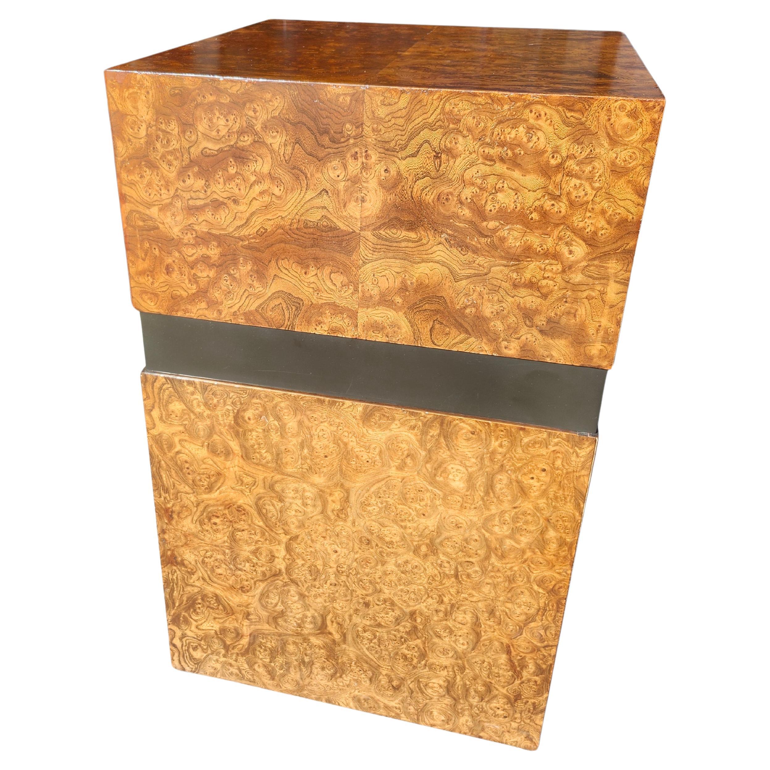 Mid-Century Modern Burlwood Cube Pedestal End Table with Slide Out Work Space For Sale 3
