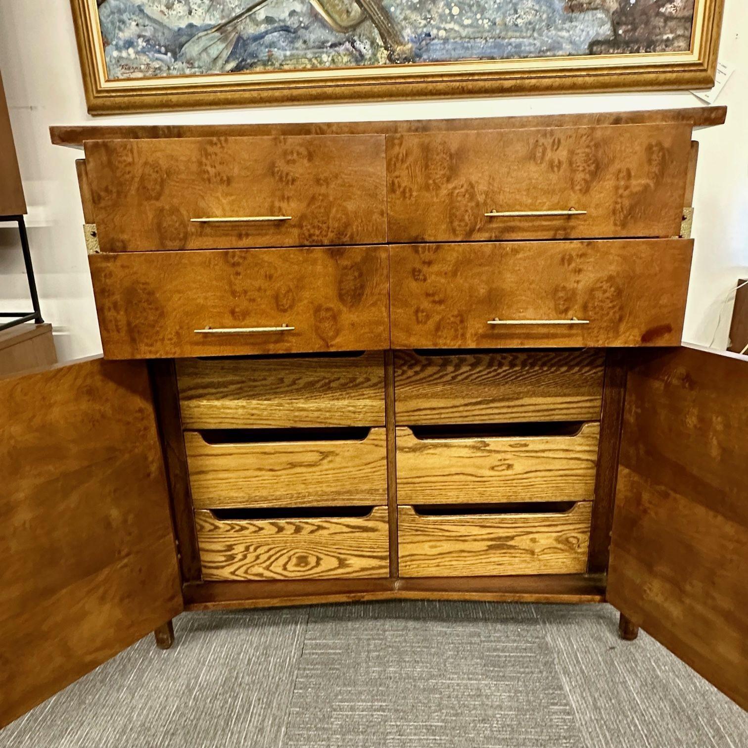 Mid-Century Modern Burlwood Hi-Boy Dresser / Wardrobe Cabinet, Brass Accent For Sale 4