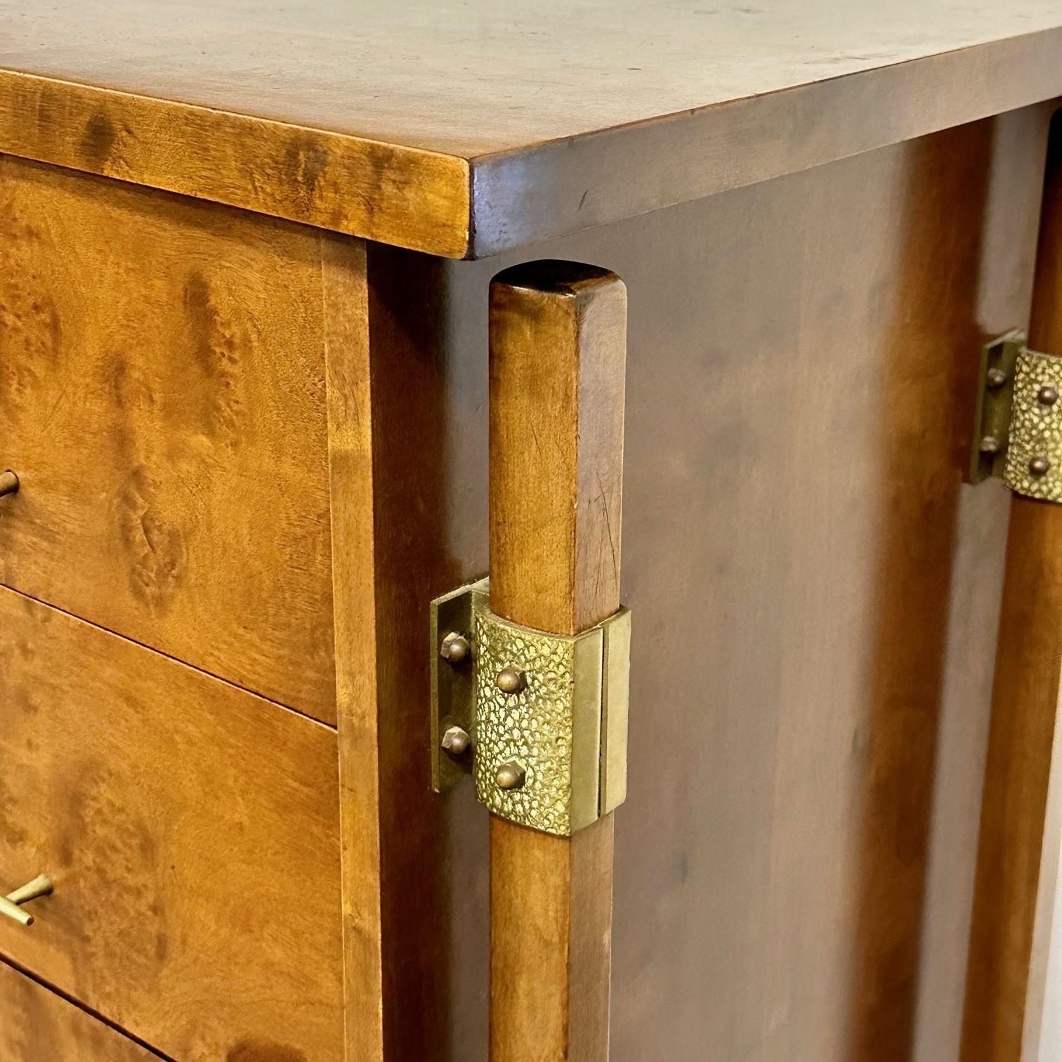 Mid-Century Modern Burlwood Hi-Boy Dresser / Wardrobe Cabinet, Brass Accent For Sale 8
