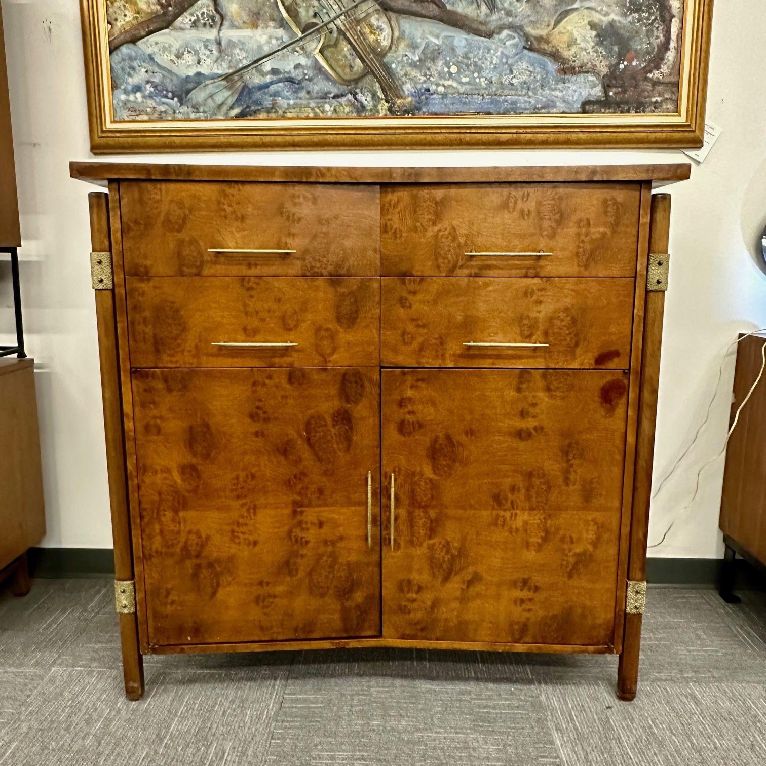 American Mid-Century Modern Burlwood Hi-Boy Dresser / Wardrobe Cabinet, Brass Accent For Sale