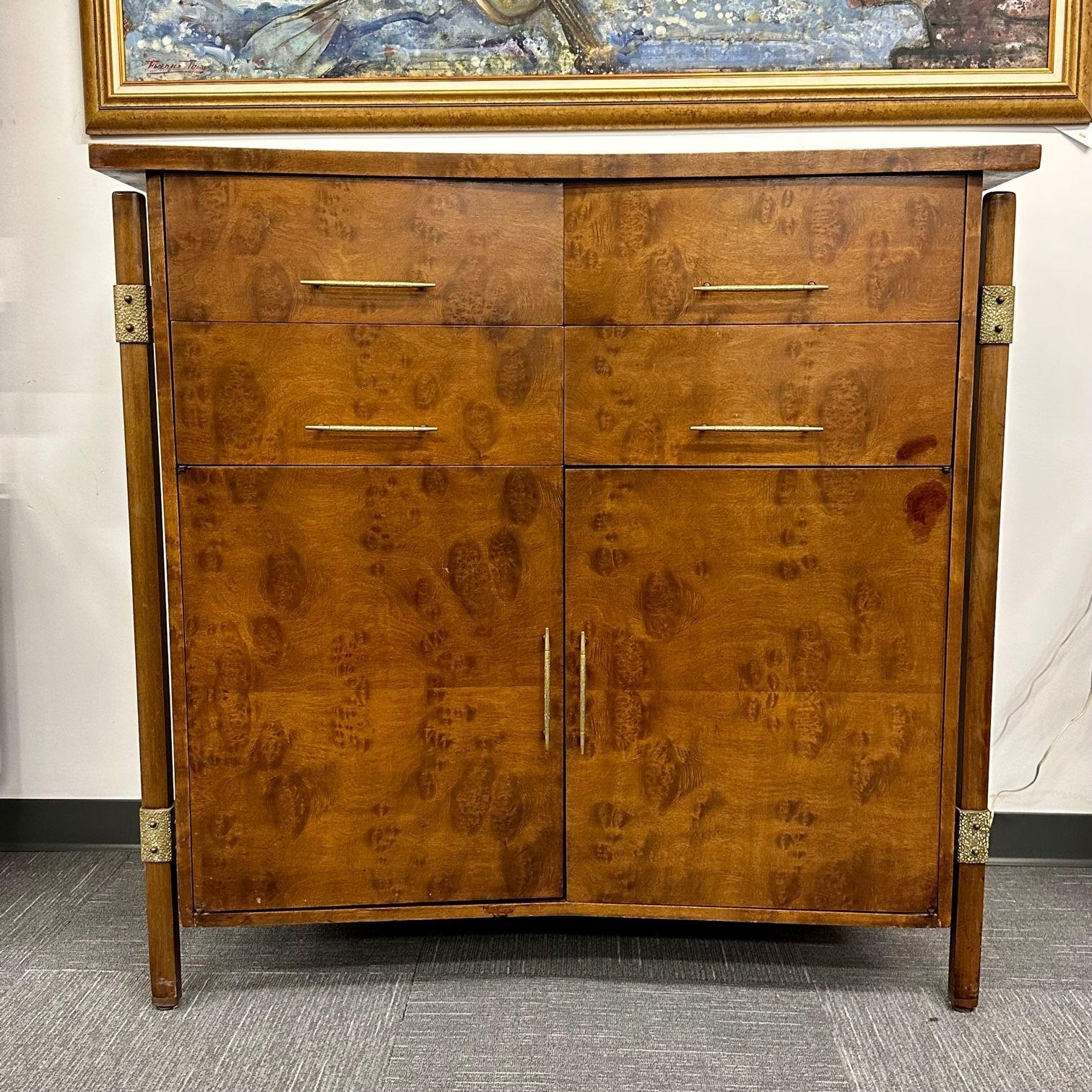 Mid-Century Modern Burlwood Hi-Boy Dresser / Wardrobe Cabinet, Brass Accent In Good Condition For Sale In Stamford, CT