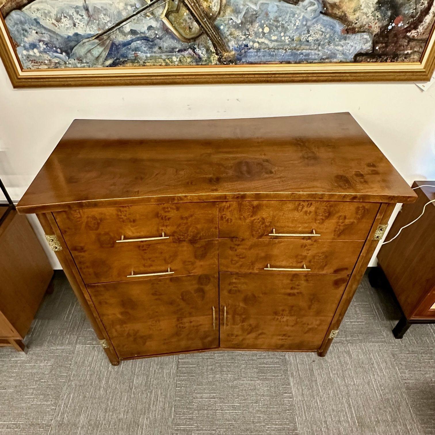 20th Century Mid-Century Modern Burlwood Hi-Boy Dresser / Wardrobe Cabinet, Brass Accent For Sale