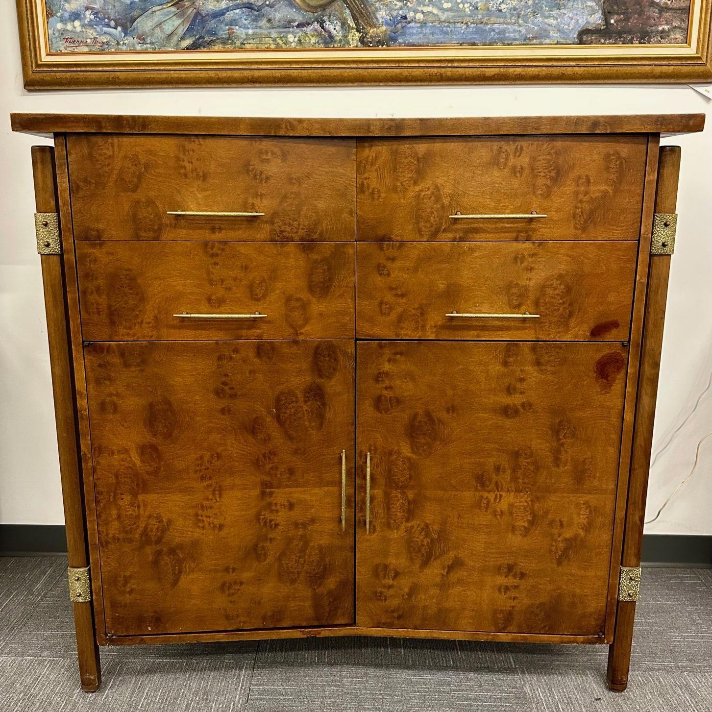 Mid-Century Modern Burlwood Hi-Boy Dresser / Wardrobe Cabinet, Brass Accent For Sale 1