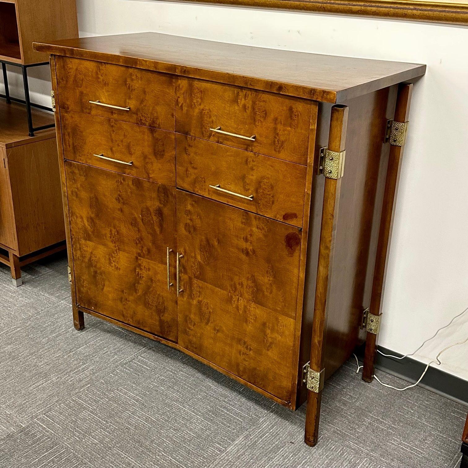 Mid-Century Modern Burlwood Hi-Boy Dresser / Wardrobe Cabinet, Brass Accent For Sale 2