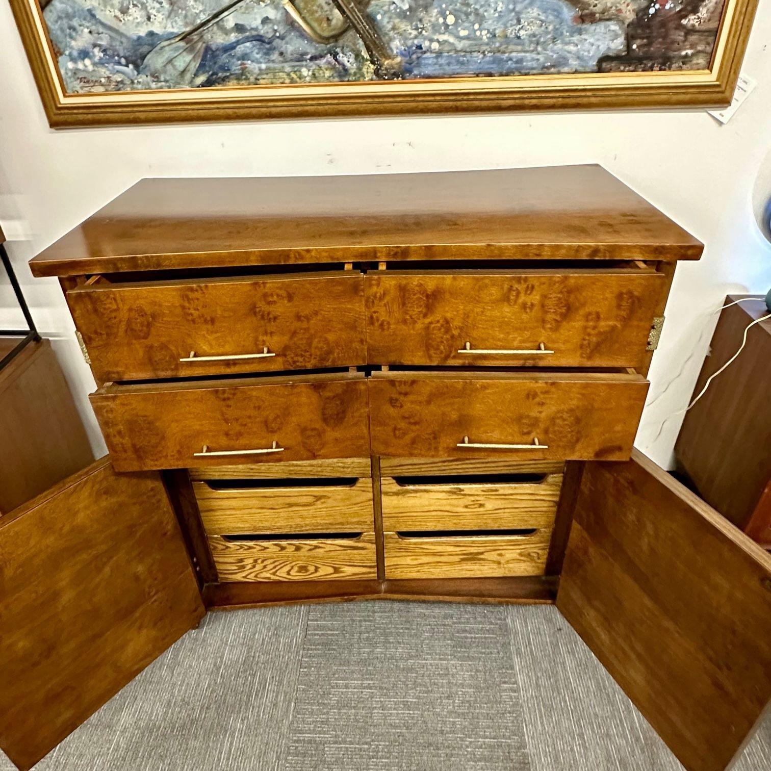 Mid-Century Modern Burlwood Hi-Boy Dresser / Wardrobe Cabinet, Brass Accent For Sale 3