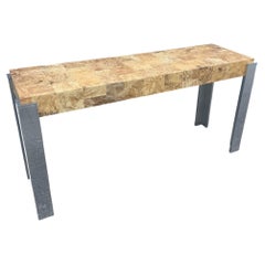 Tavolo consolle moderno di metà secolo in laminato Burlwood e cromo