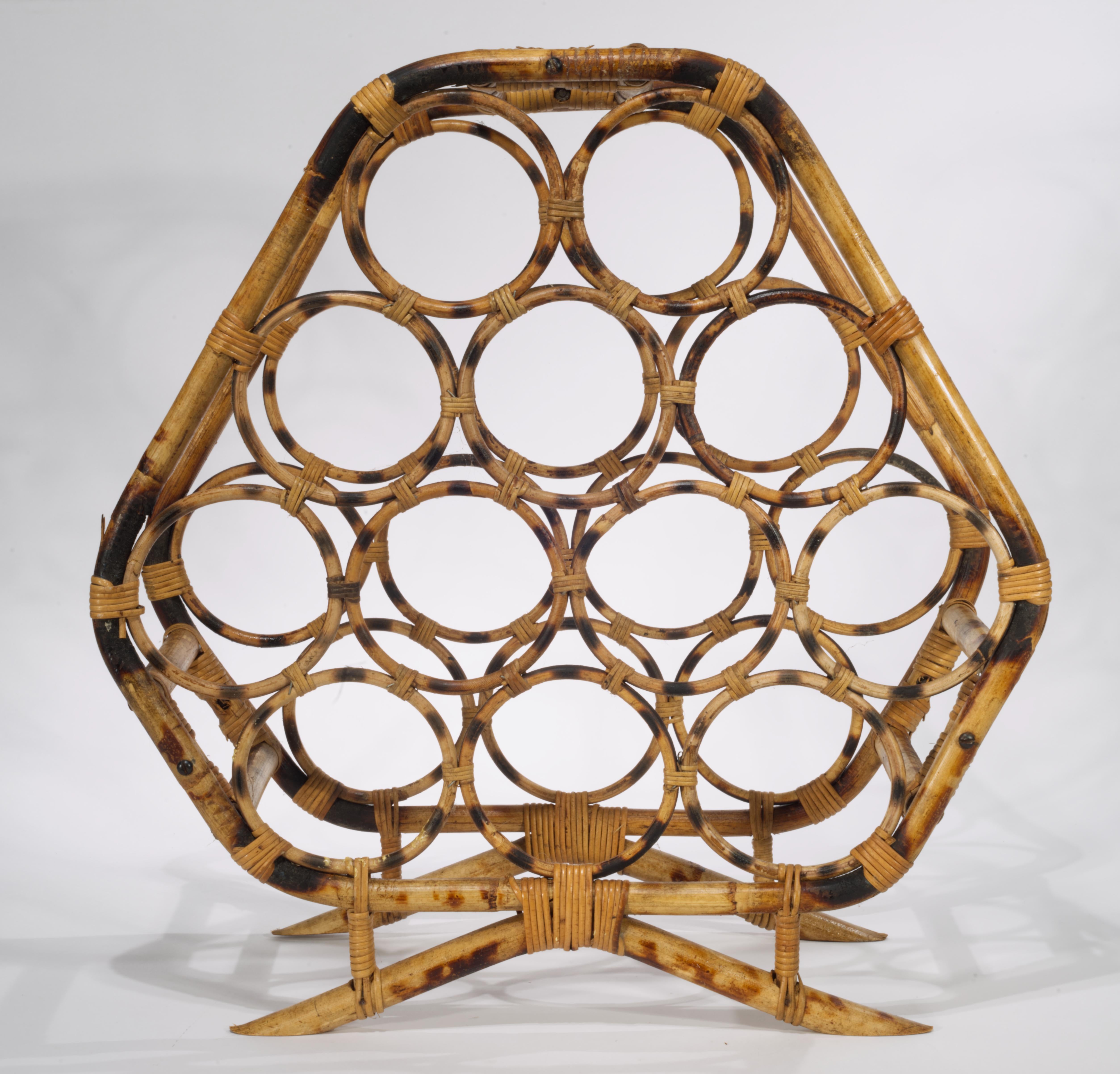 Portabottiglie in rattan di bambù con guscio di tartaruga bruciato, moderno, di metà secolo in vendita 7