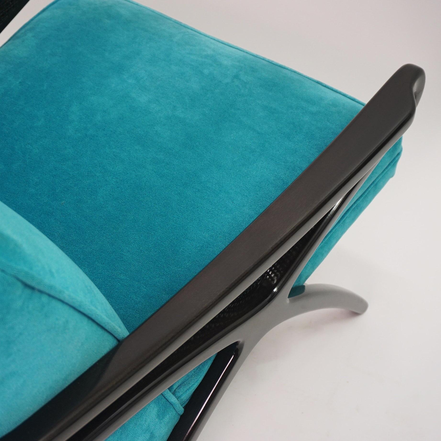 Ebonized Mid-Century Modern Butterfly Lounge Chair in Peacock Blue Velvet For Sale