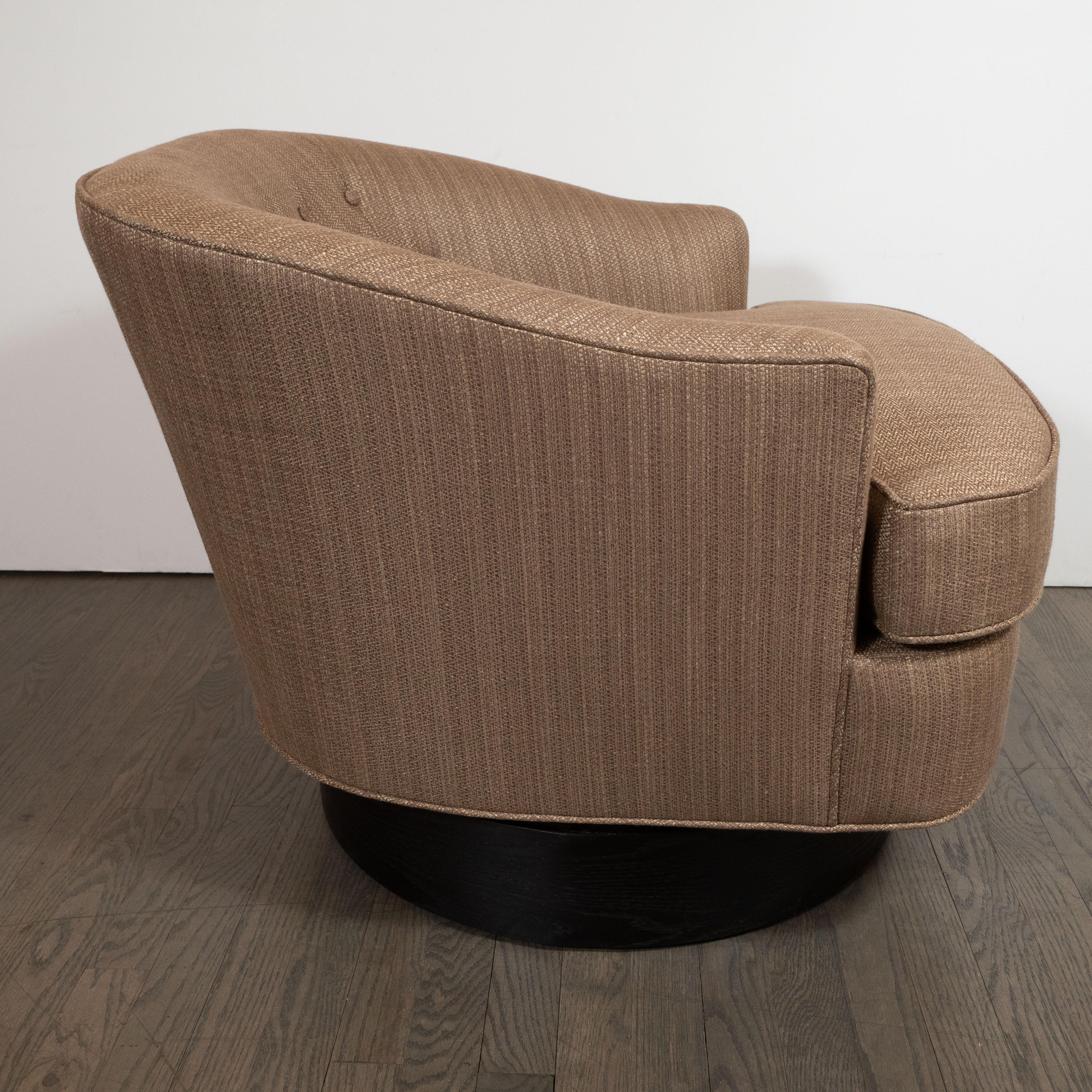 Ebonized Mid-Century Modern Button Back Swivel Chair in Holly Hunt Umber Fabric For Sale