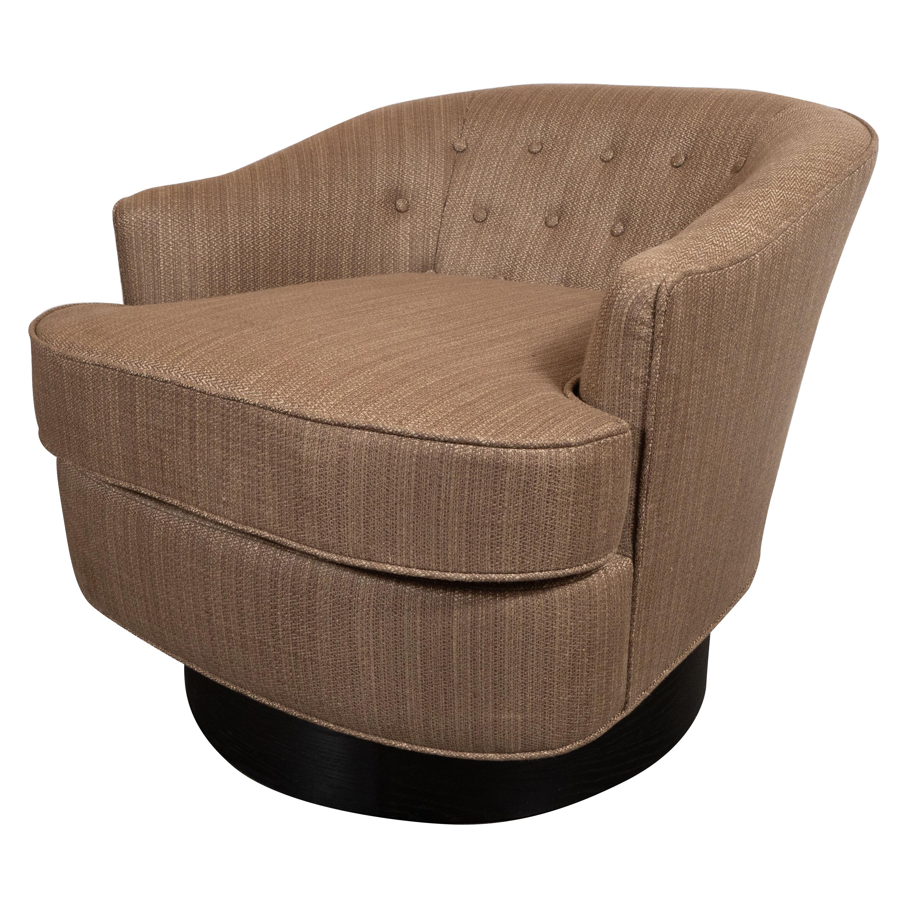 Mid-Century Modern Button Back Swivel Chair in Holly Hunt Umber Fabric