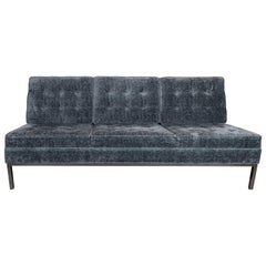 Mid-Century Modern Button Back Tufted Sofa in Textural Sapphire Velvet by Knoll