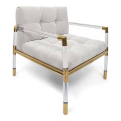 Mid-Century Modern Button Tufted Chair with Brass and Lucite Frame