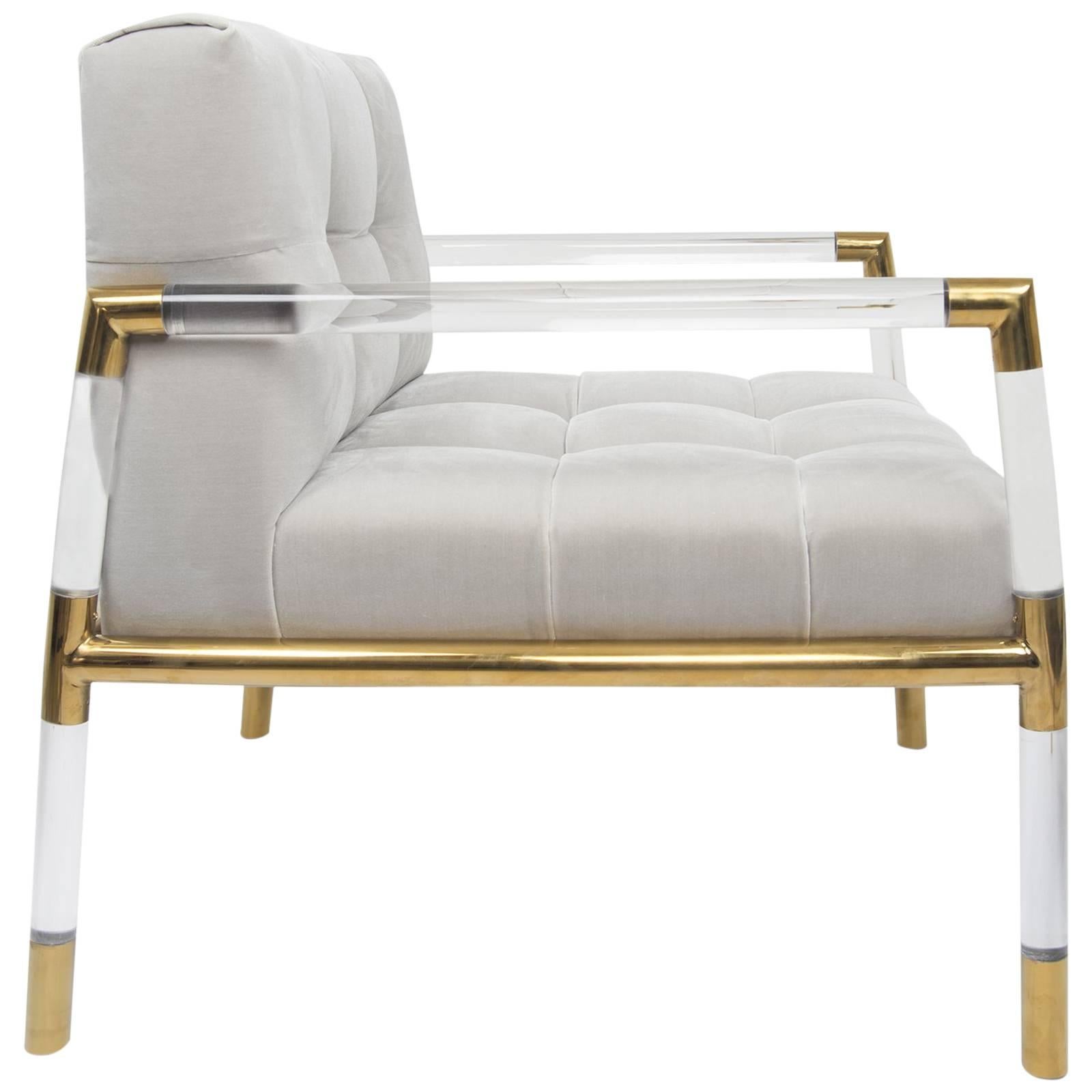 Mid-Century Modern Button Tufted Chair with Brass and Lucite Frame For Sale